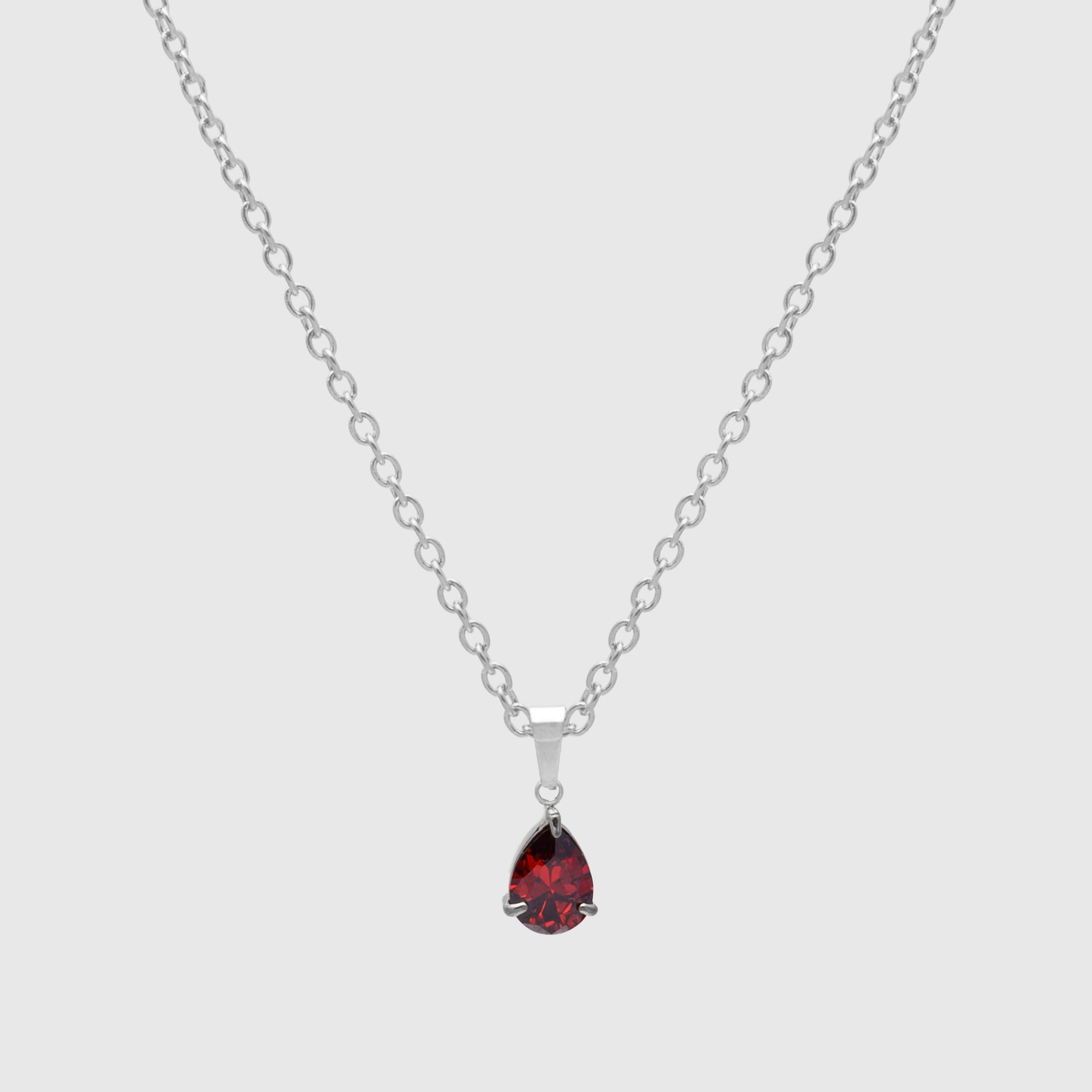 Pear cut red garnet birthstone necklace in silver, January birthstone pendant