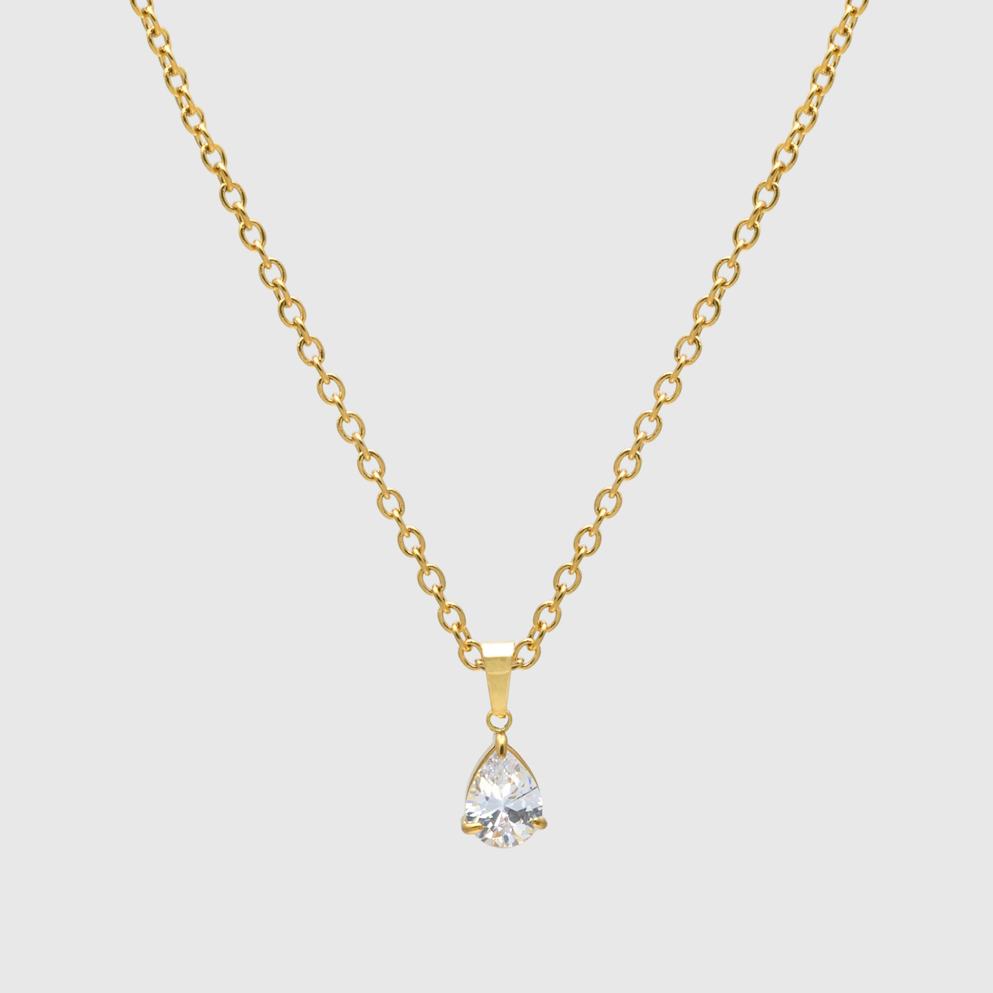 April birthstone necklace featuring a pear cut diamond style CZ stone set in Gold