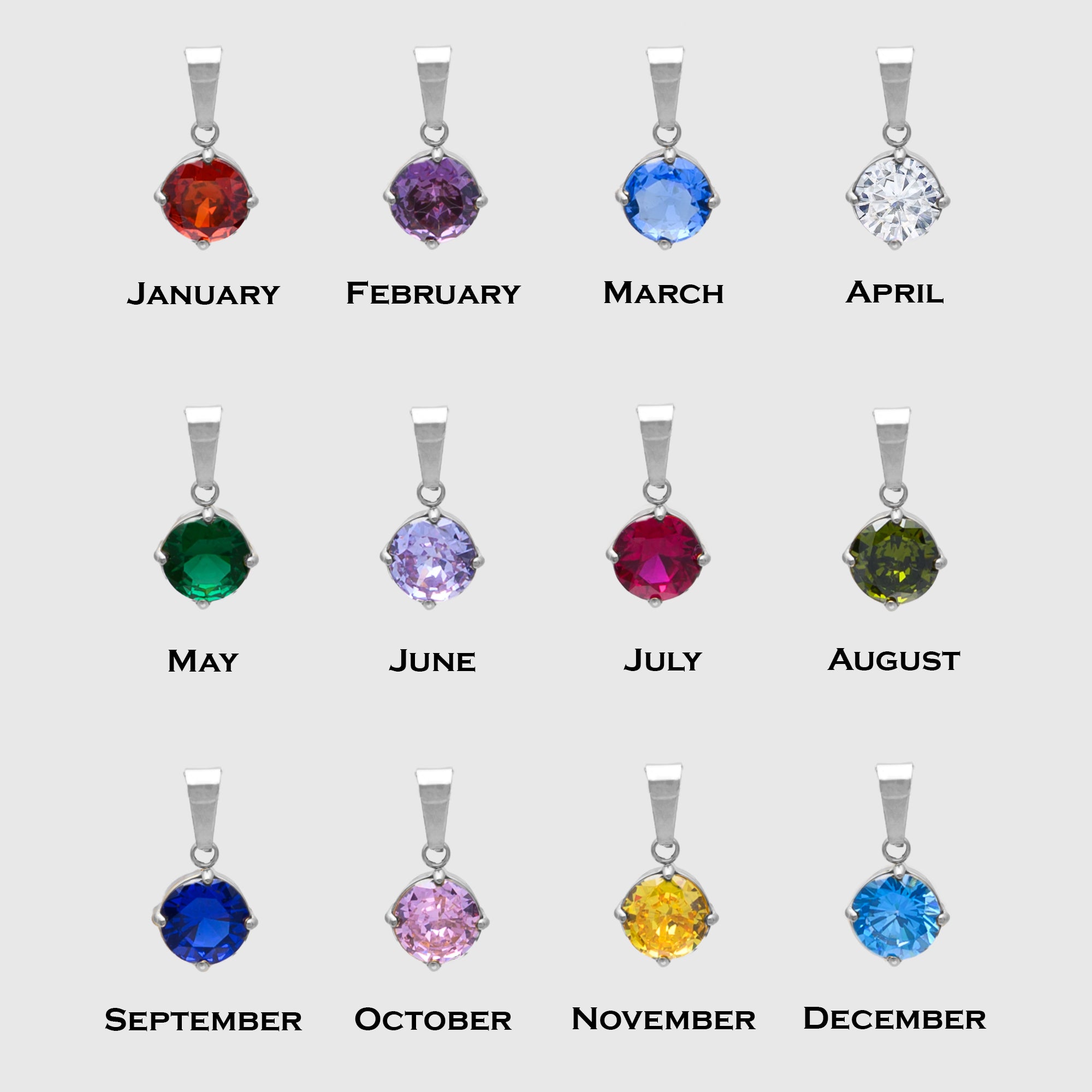 Silver Birthstone pendants all months January through to December