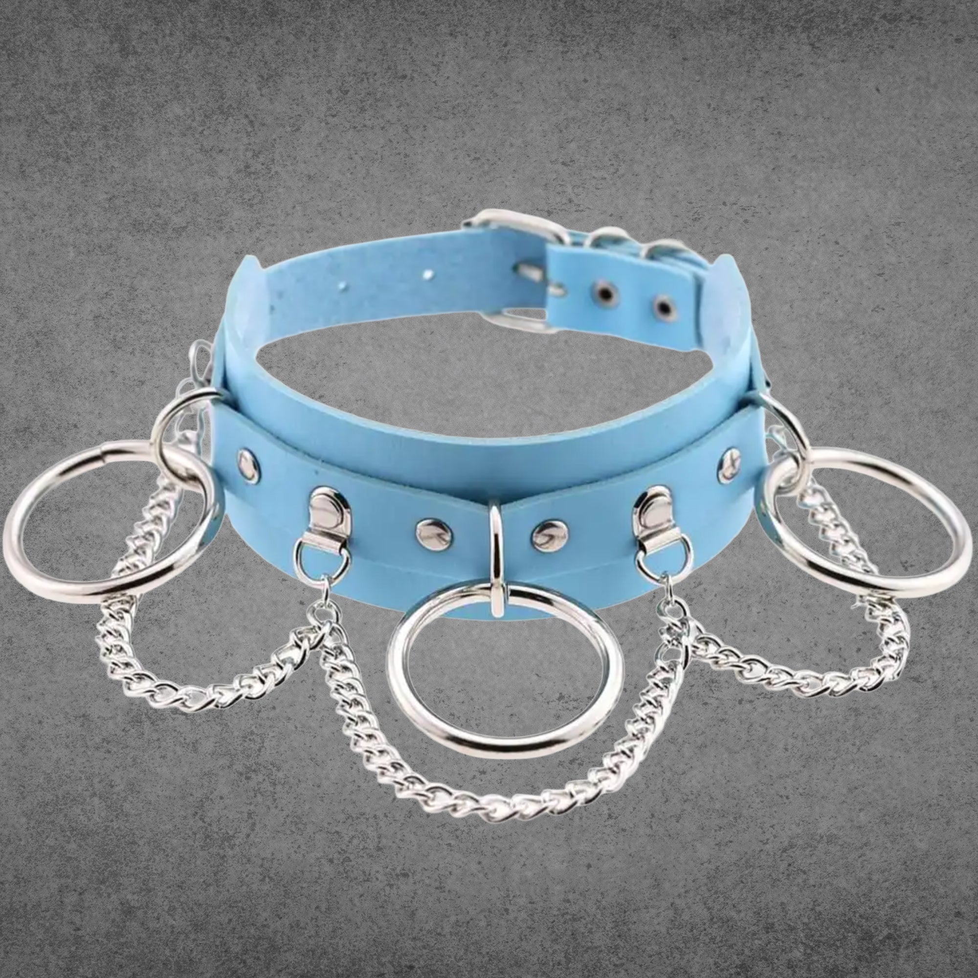 Baby blue faux leather collar with three silver O-rings and chain detail