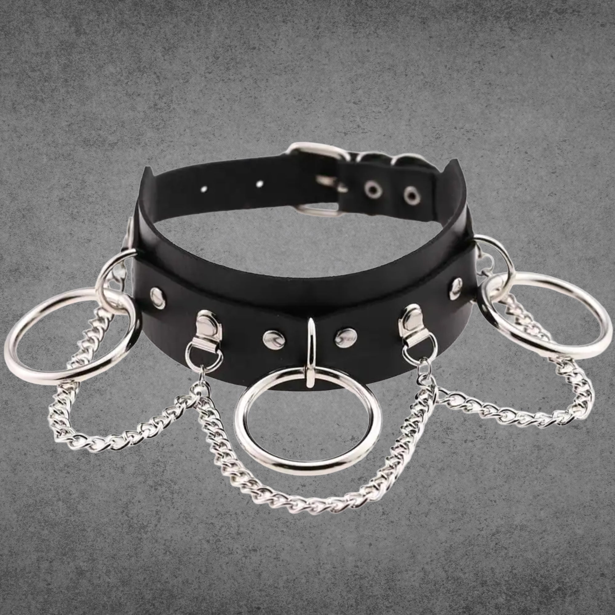 Black faux leather collar with three silver O-rings and chain detail