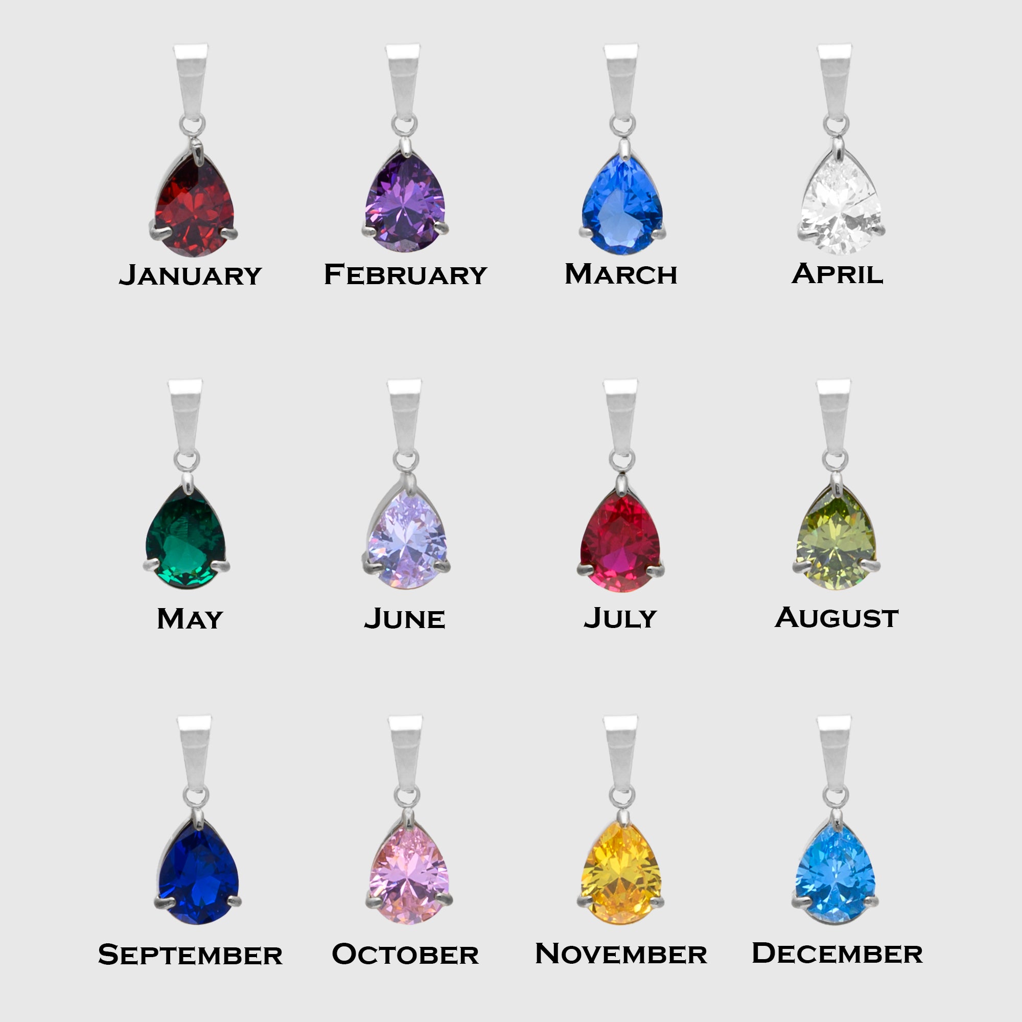 Pendants with colored gemstones corresponding to each month, on a light gray background.
