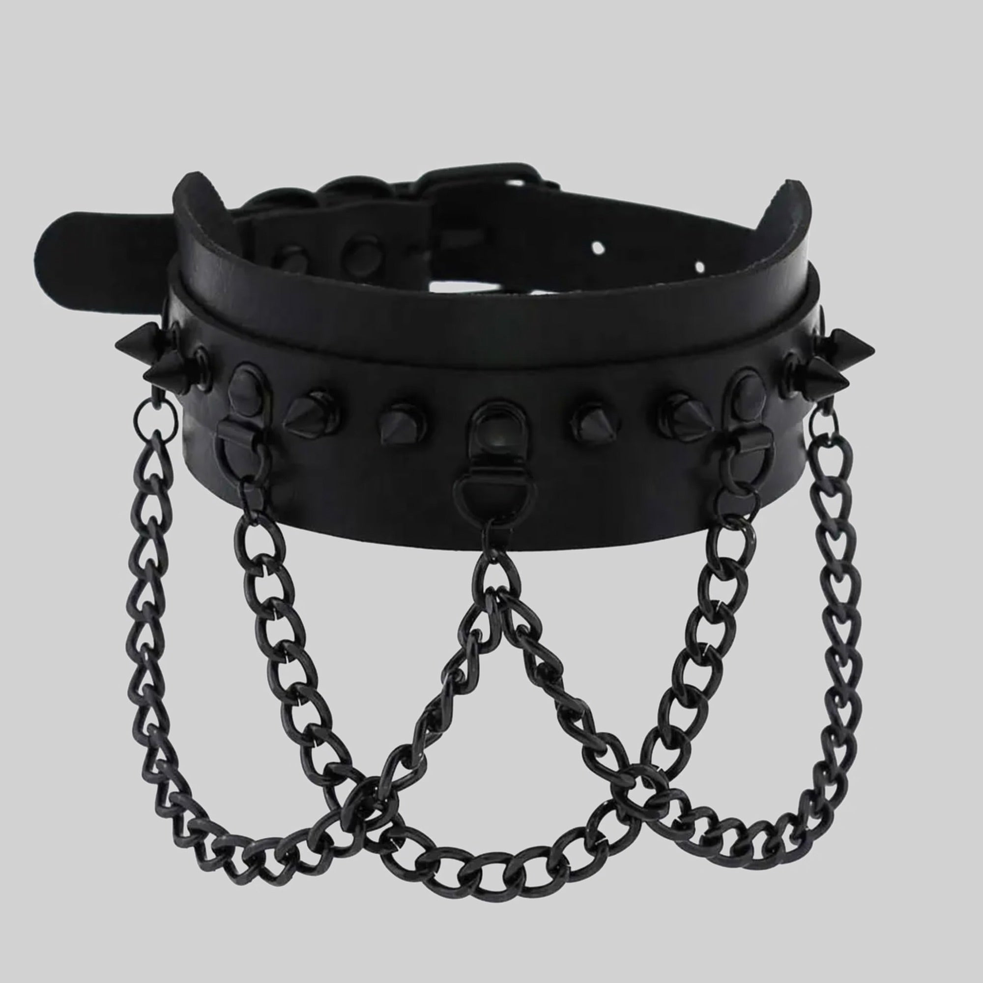 Black gothic choker collar, featuring metal studs, spikes and chains