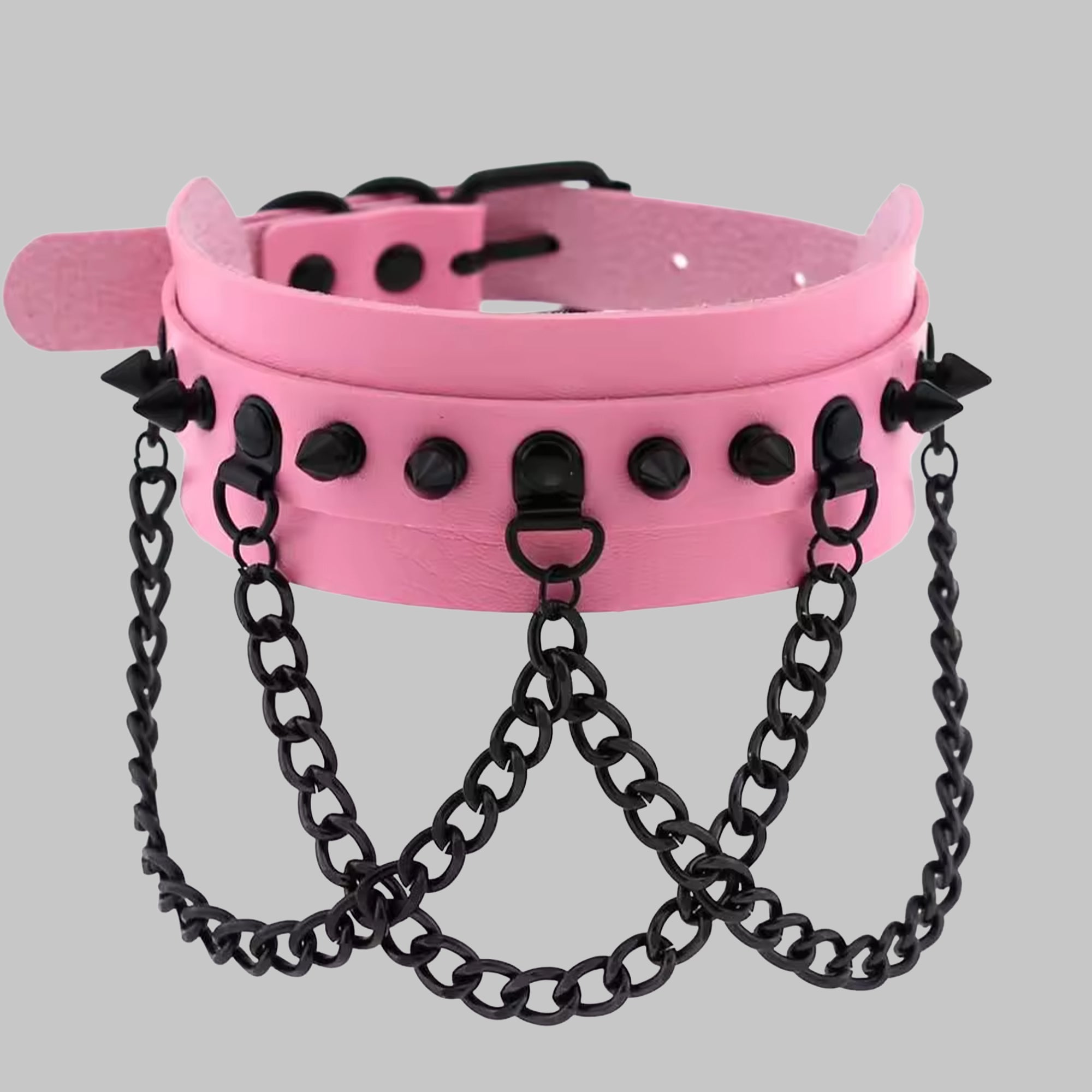 Babyrosa | Schwarzes Halsband mit Spikes und Ketten
