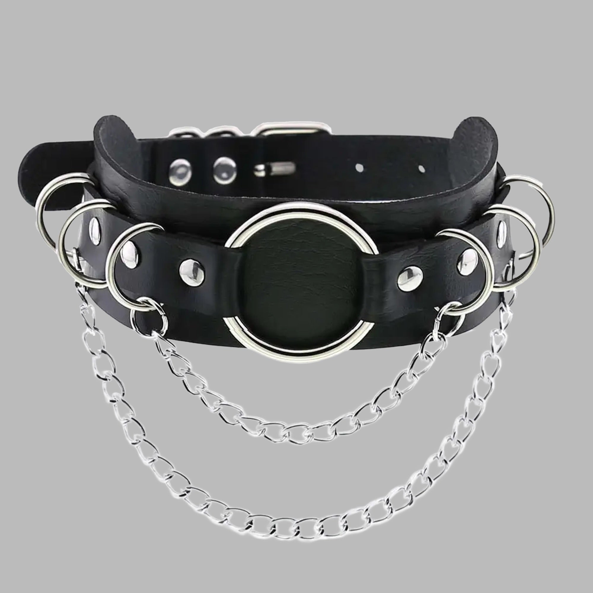 Chained O Ring Embellished Collar - Black & Silver