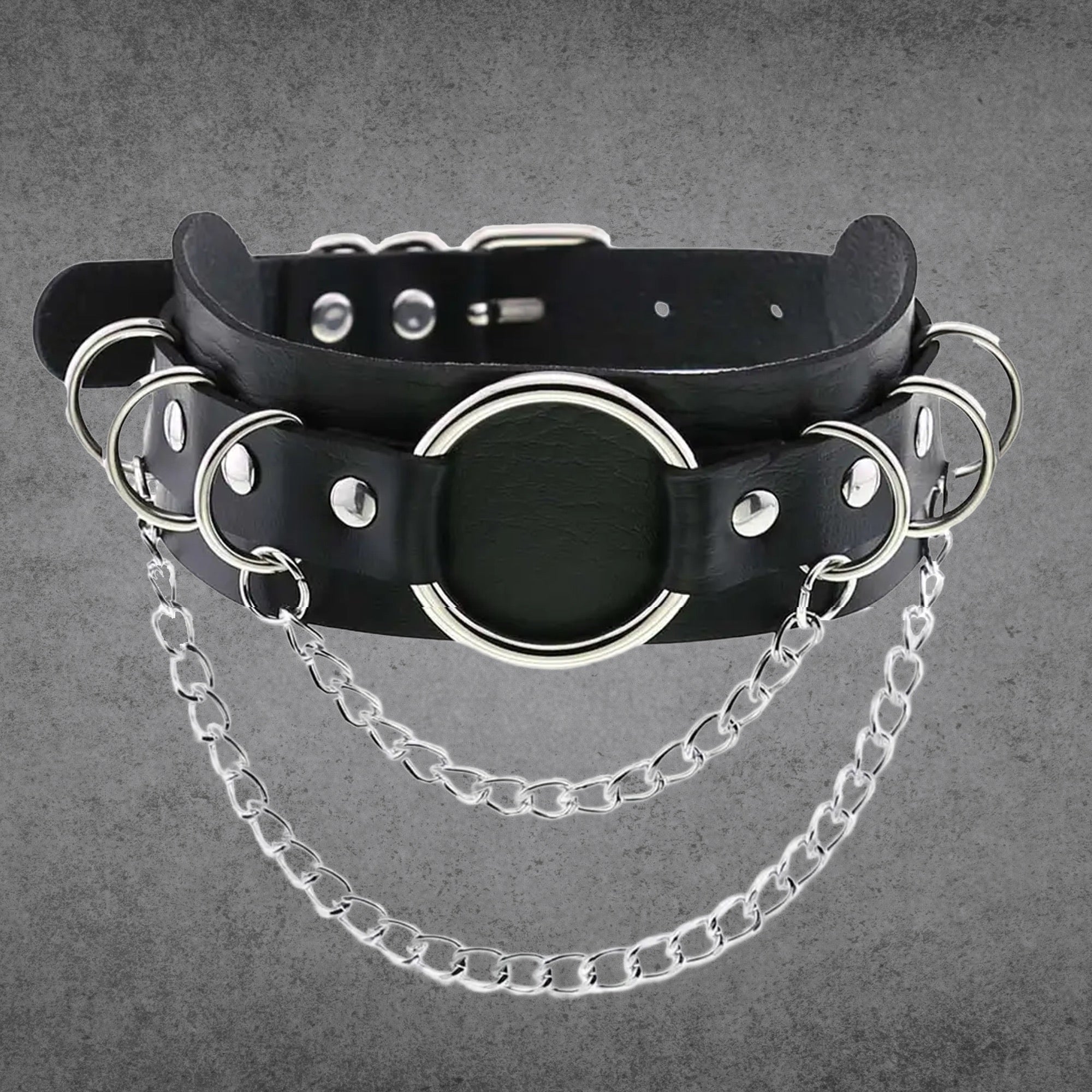Chained O ring embellished collar in black vegan leather