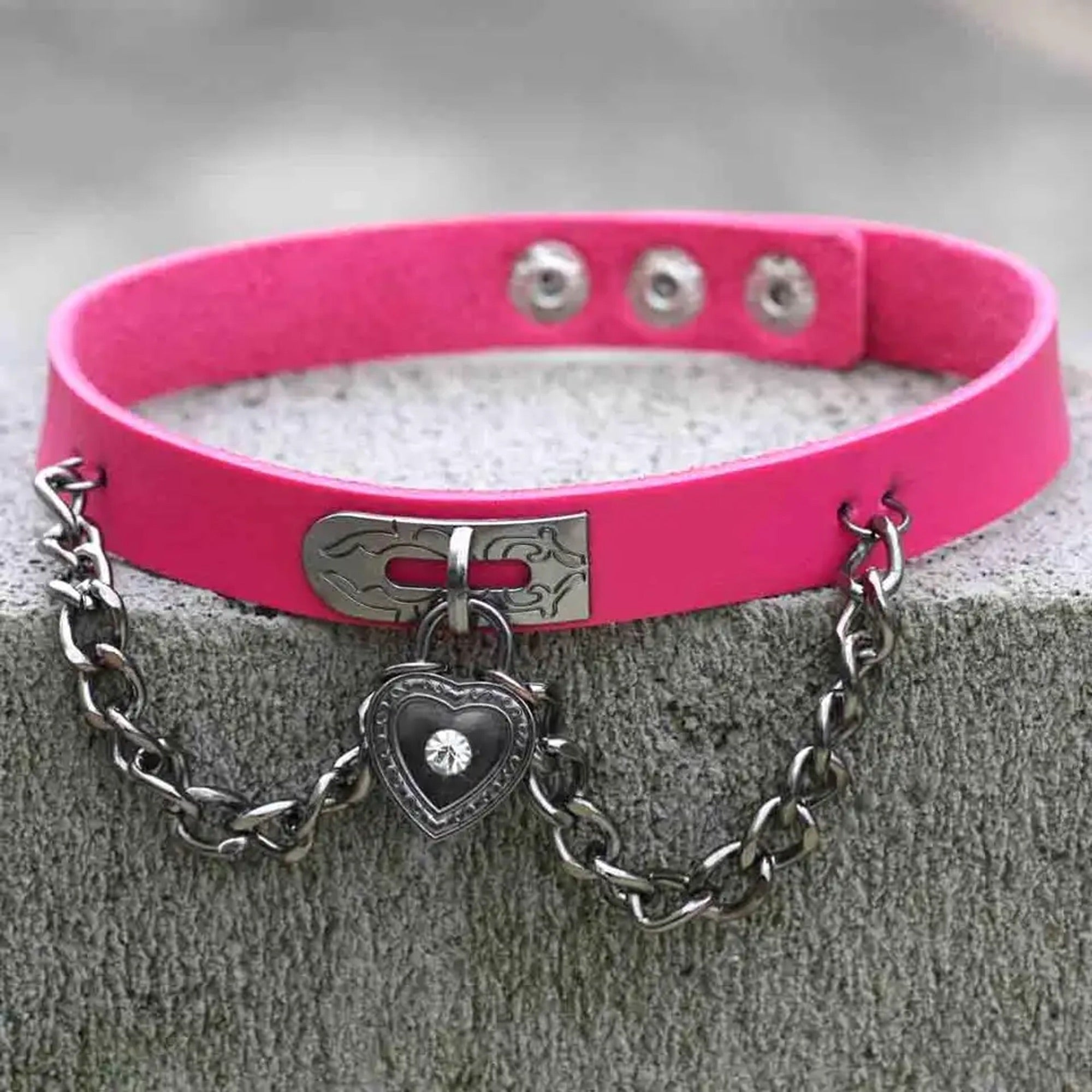 Hot pink fuchsia Gothic style choker collar with padlock pendant and chains