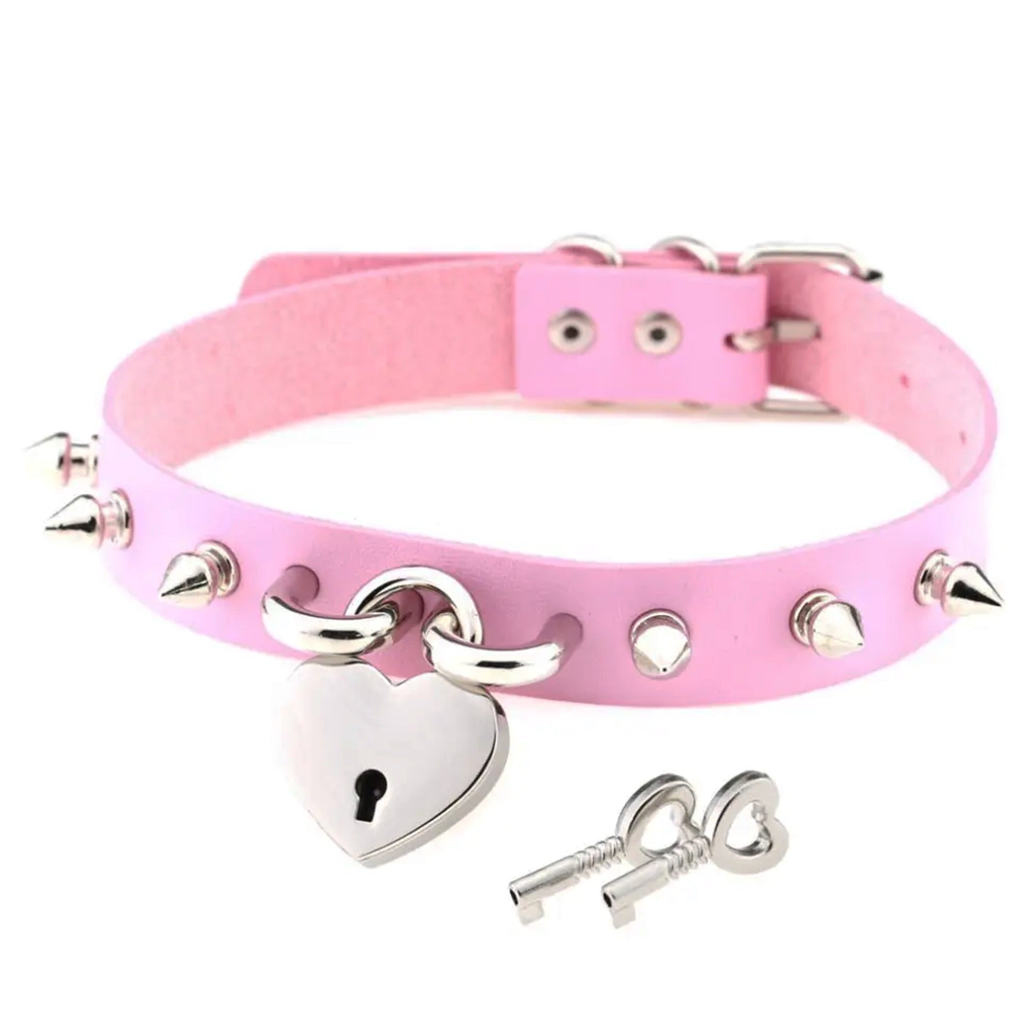 Baby pink Gothic studded heart padlock collar