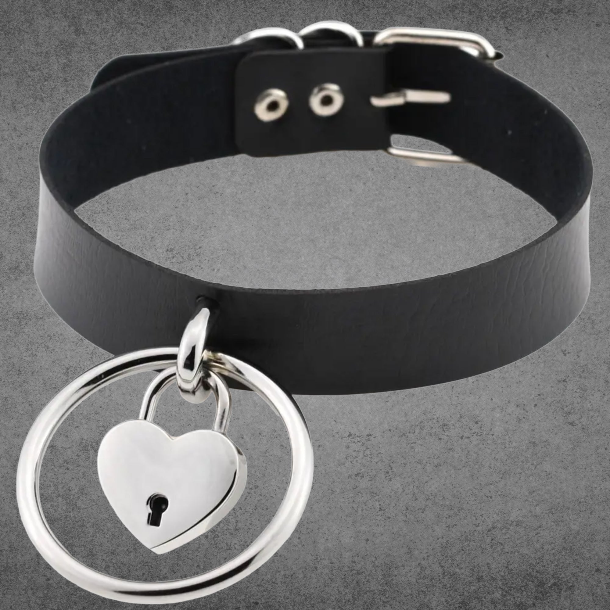 Black faux leather collar with silver O-ring and heart padlock