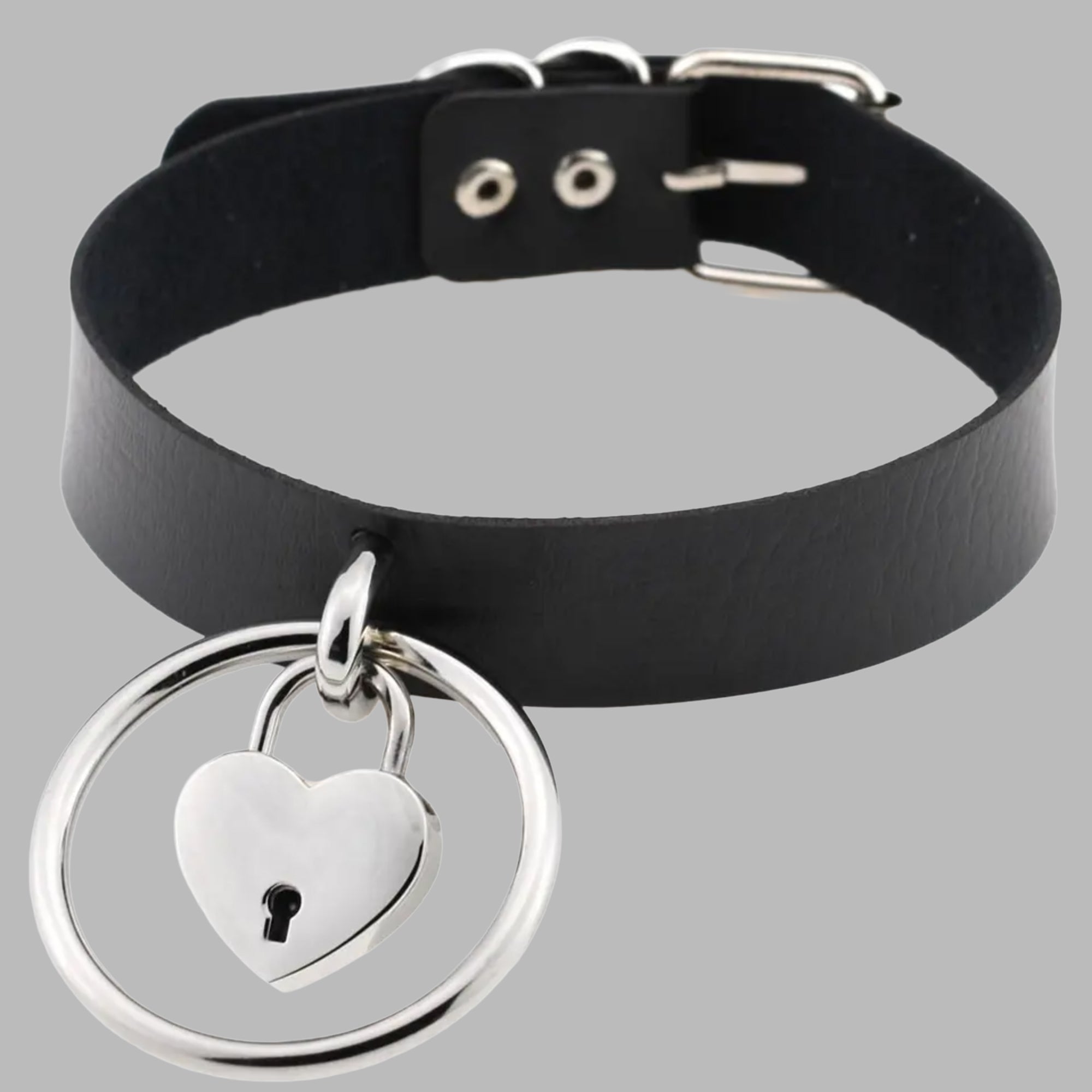 Black padlock collar, heart lock with key and rivet stud detail