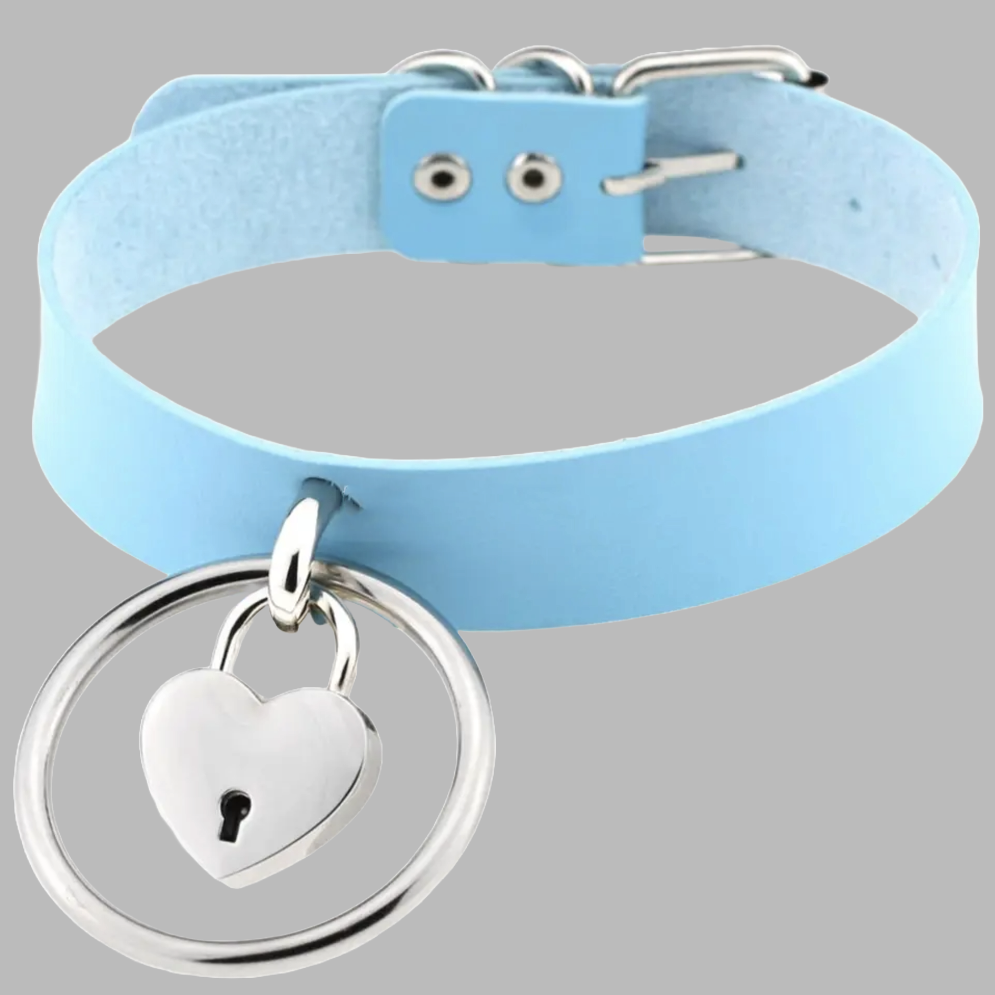 Baby blue faux leather collar with silver O-ring and heart padlock