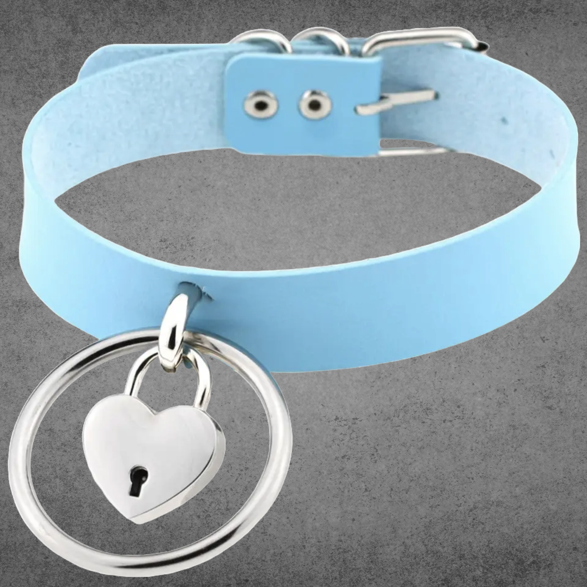 Baby blue padlock collar, heart lock with key and rivet stud detail