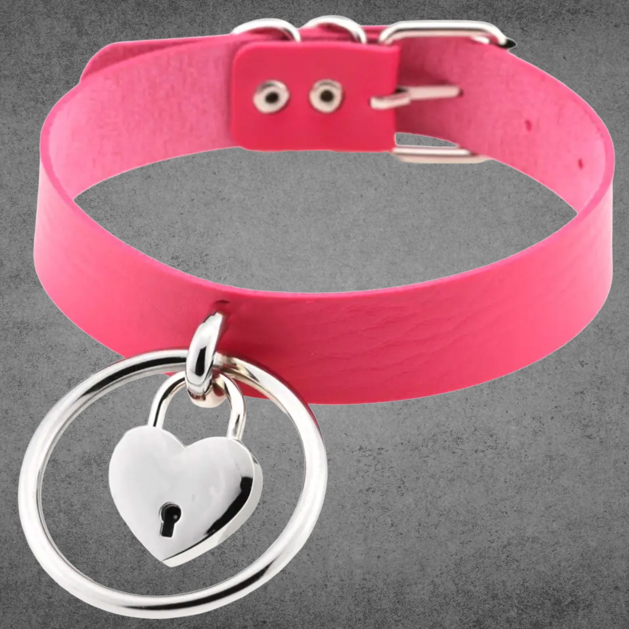 Hot pink faux leather collar with silver O-ring and heart padlock