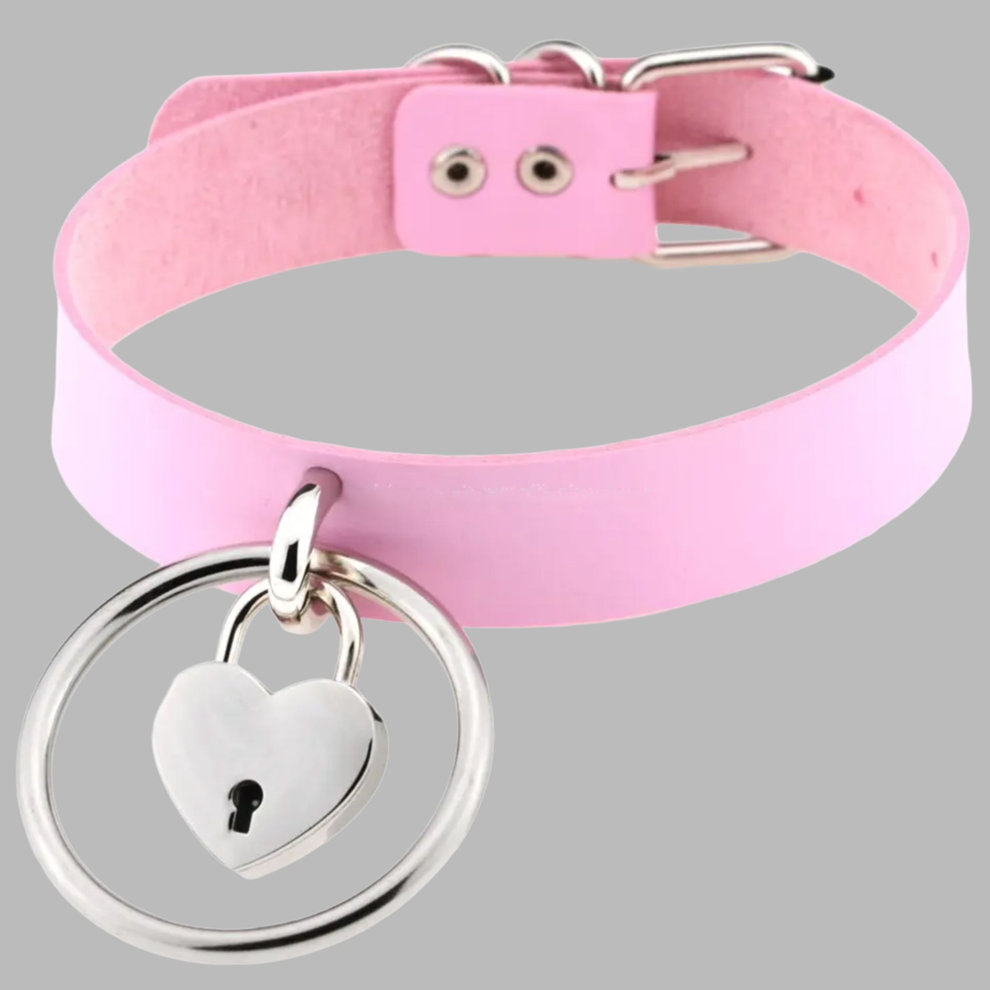 Baby pink padlock collar, heart lock with key and rivet stud detail