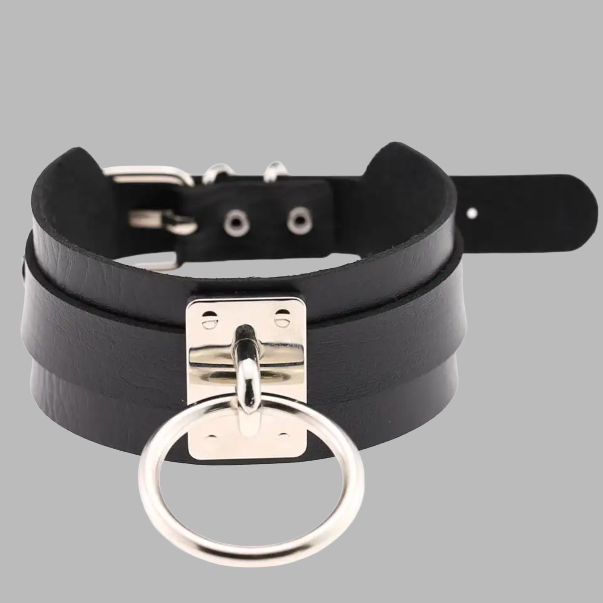 Black single O-ring collar, silver ring and buckle detail