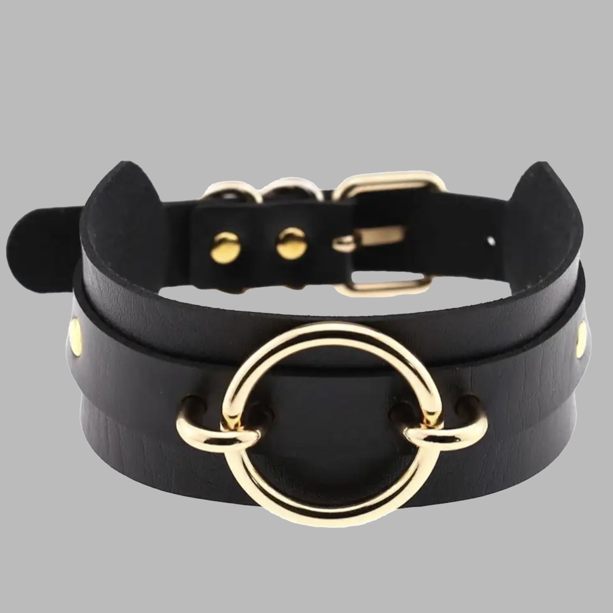 Fixed O Ring Choker Collar - Black & Gold