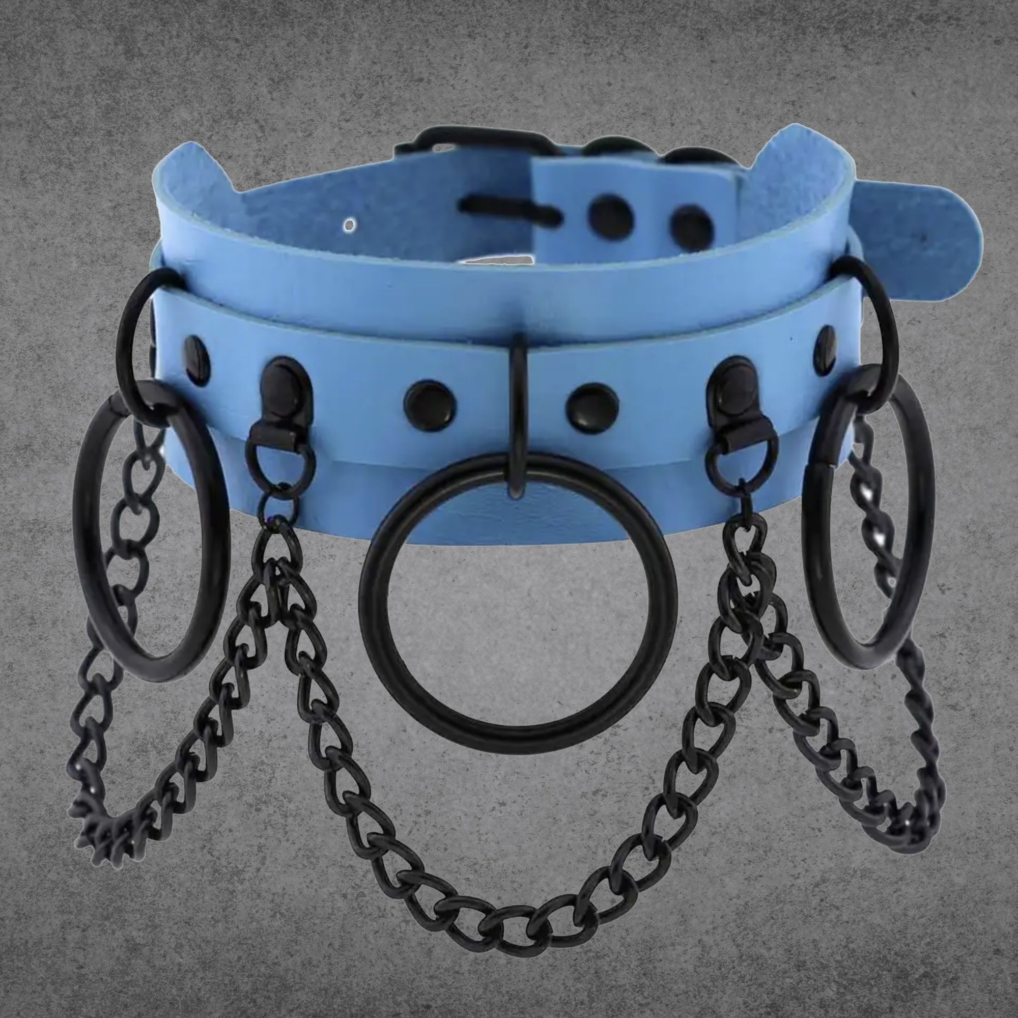Halsband mit drei O-Ringen und Ketten – Babyblau und Schwarz