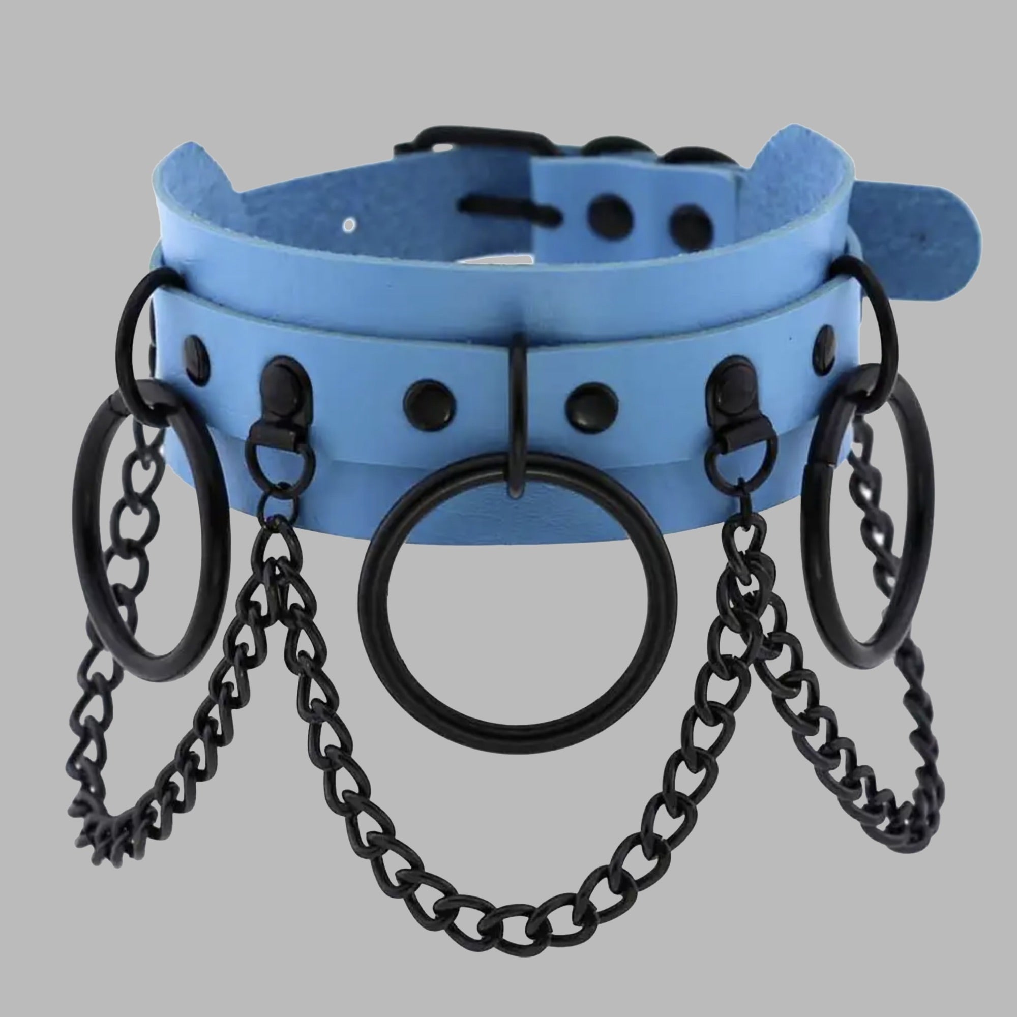Halsband mit drei O-Ringen und Ketten – Babyblau und Schwarz