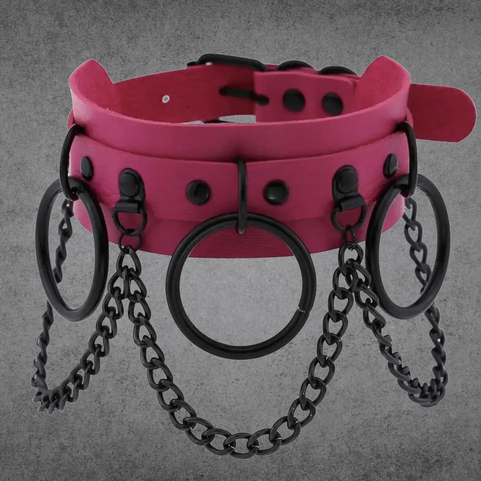 Collier triple anneau et chaînes - Rose vif et noir
