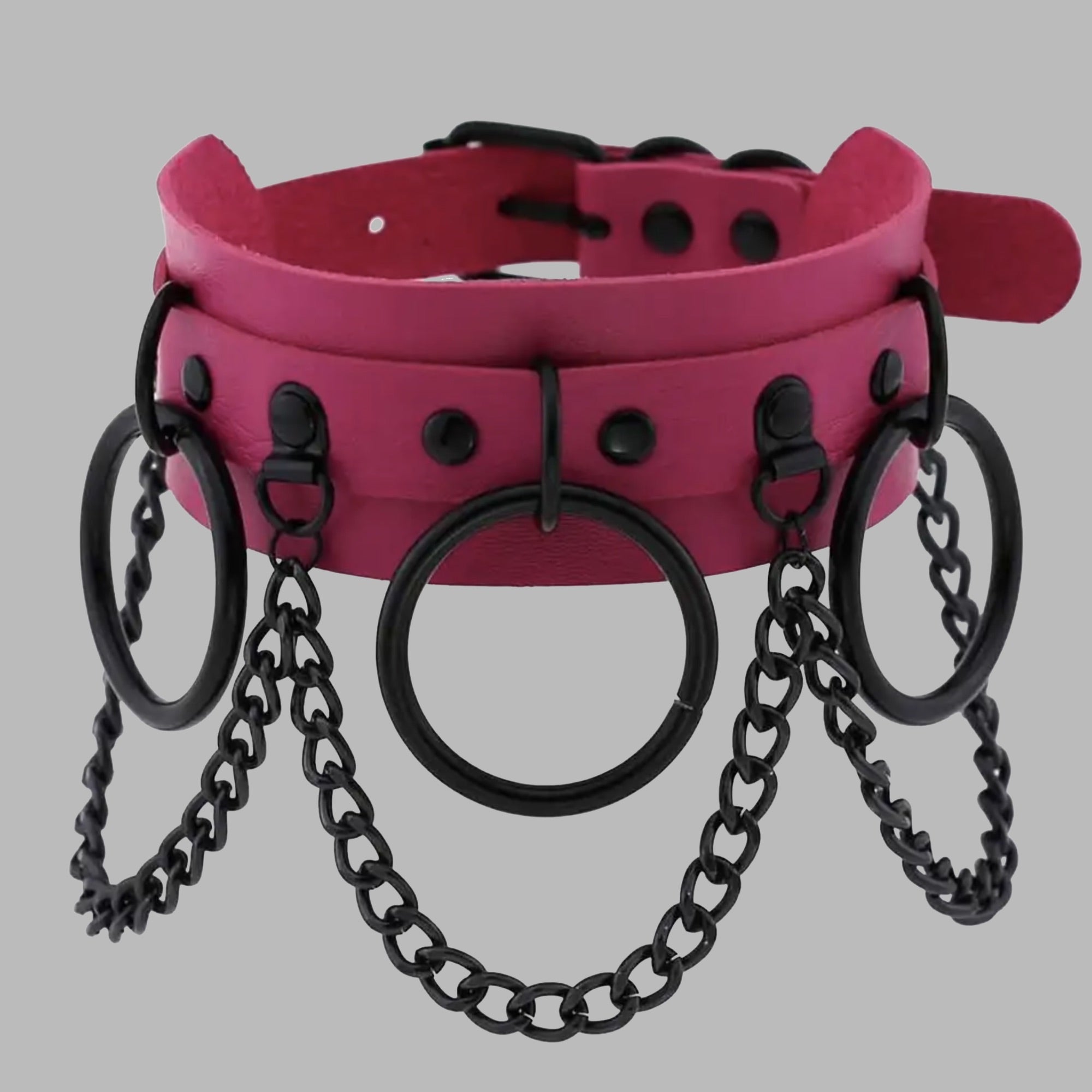 Collier triple anneau et chaînes - Rose vif et noir
