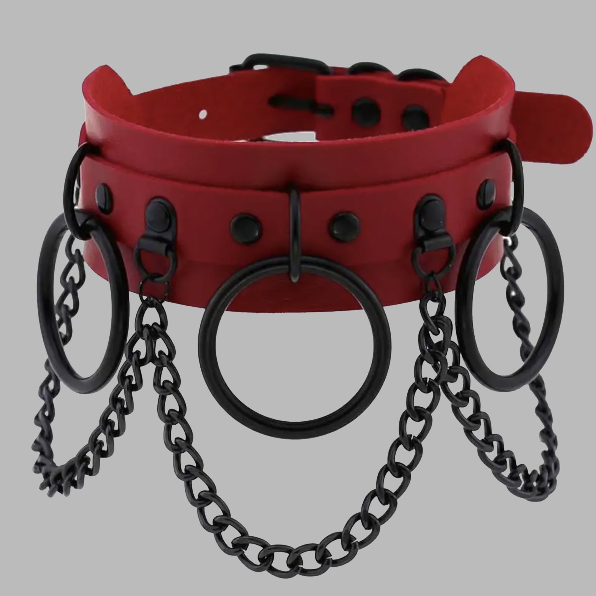 Halsband mit drei O-Ringen und Ketten – Rot und Schwarz