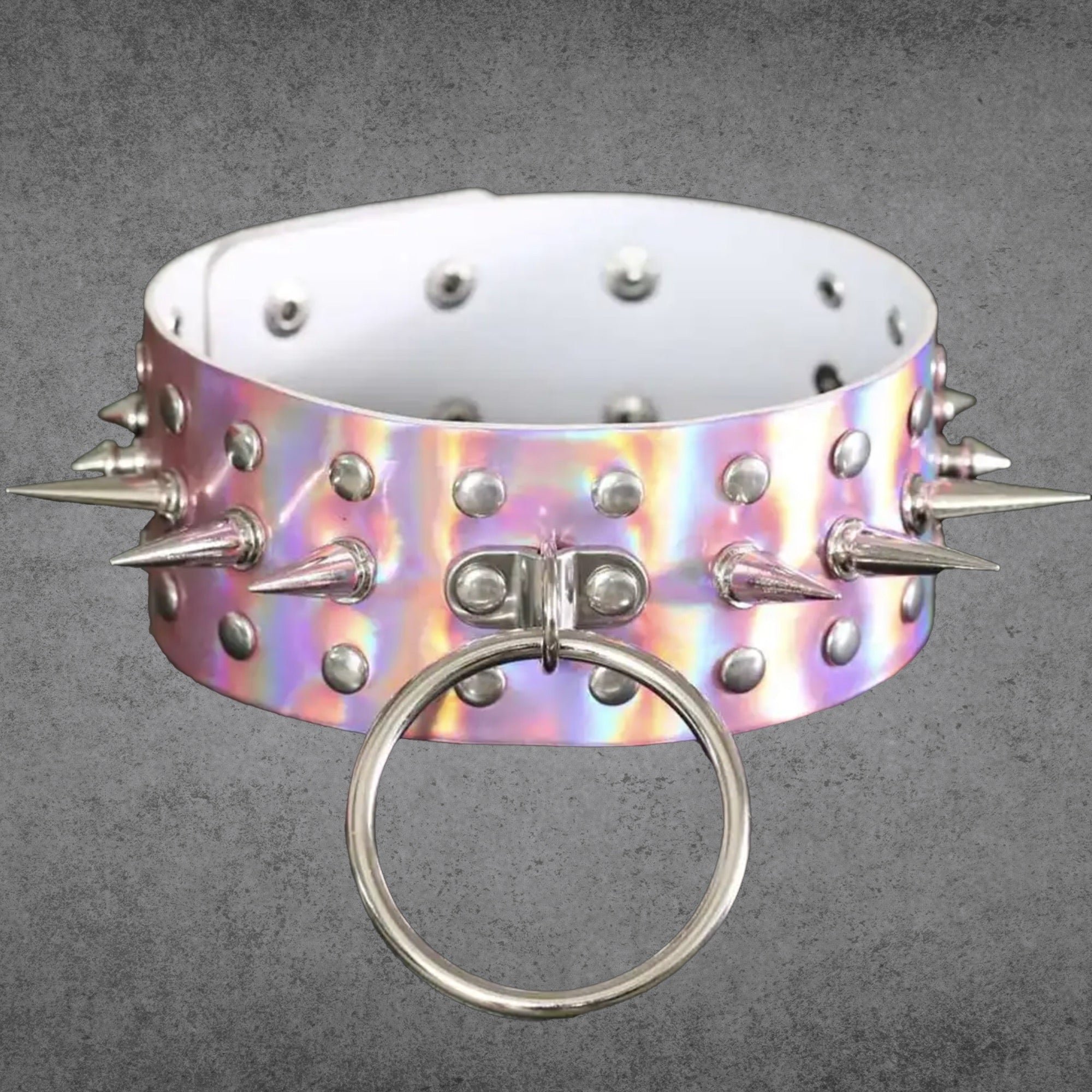 Großes Halsband mit O-Ring und Spikes - Pink Chrom