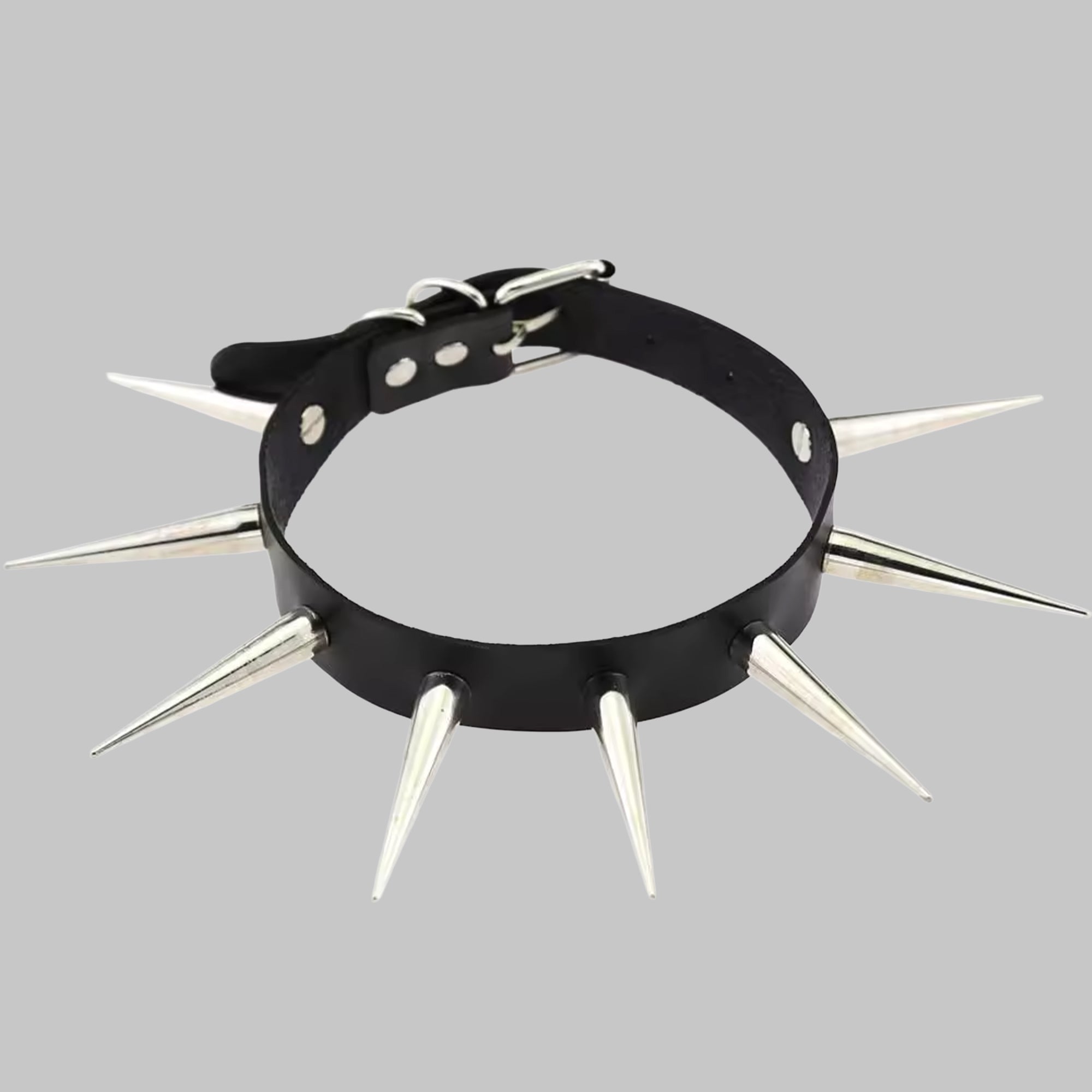Black XL spike punk collar, silver buckle and studded hardware detail
