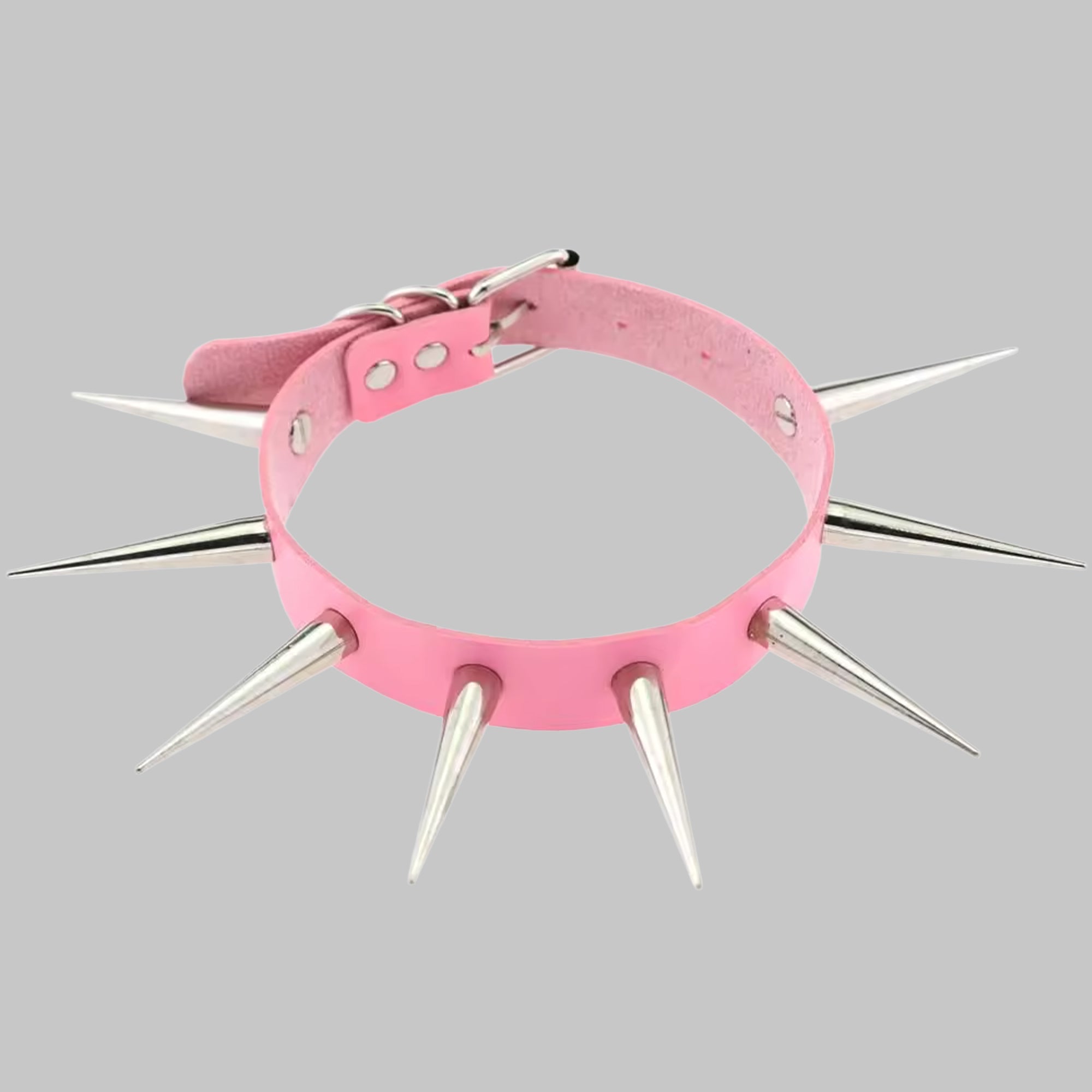Baby pink XL spike punk collar, silver buckle and spike hardware detail