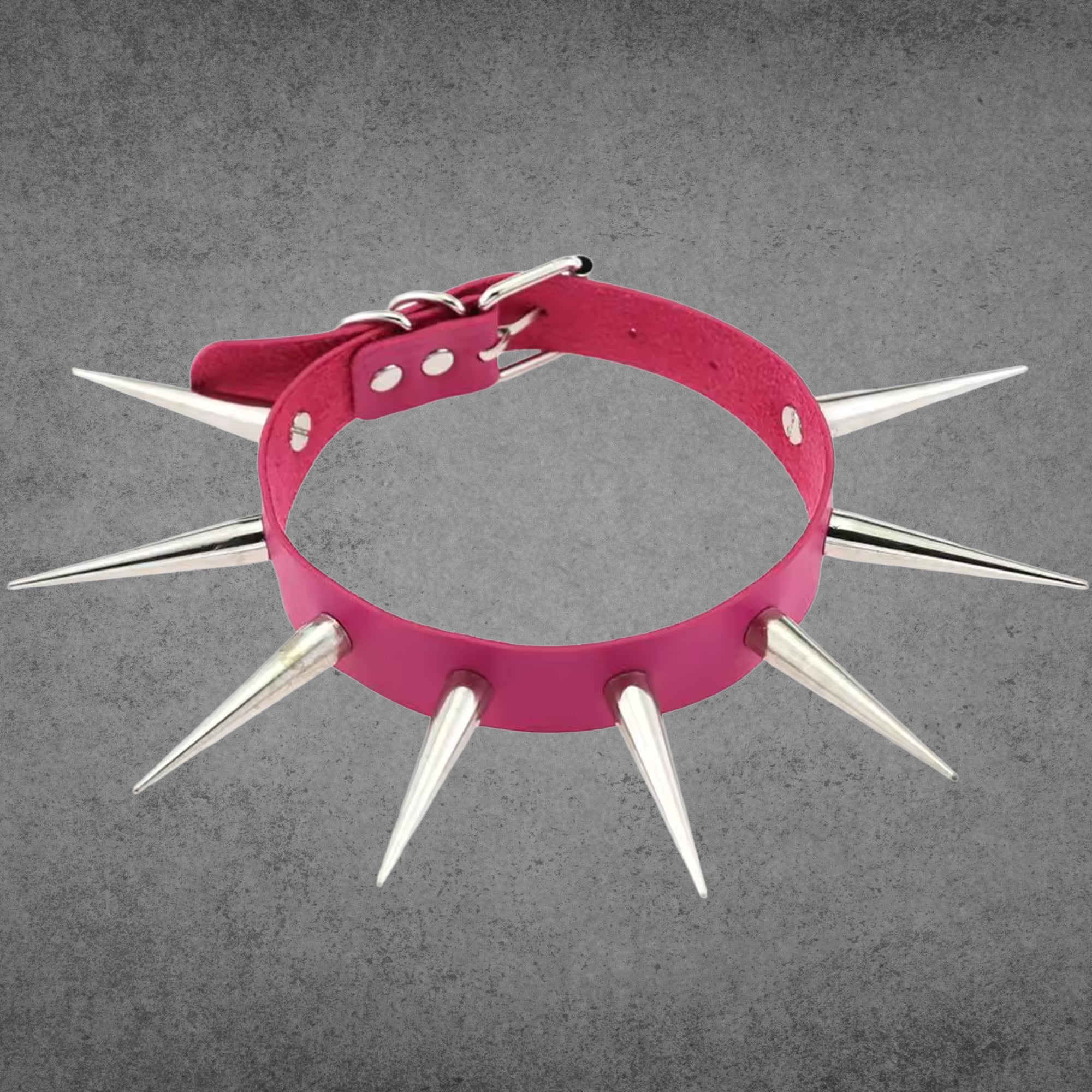 Hot pink faux leather punk collar with XL 2 inch silver spikes, 1 inch band