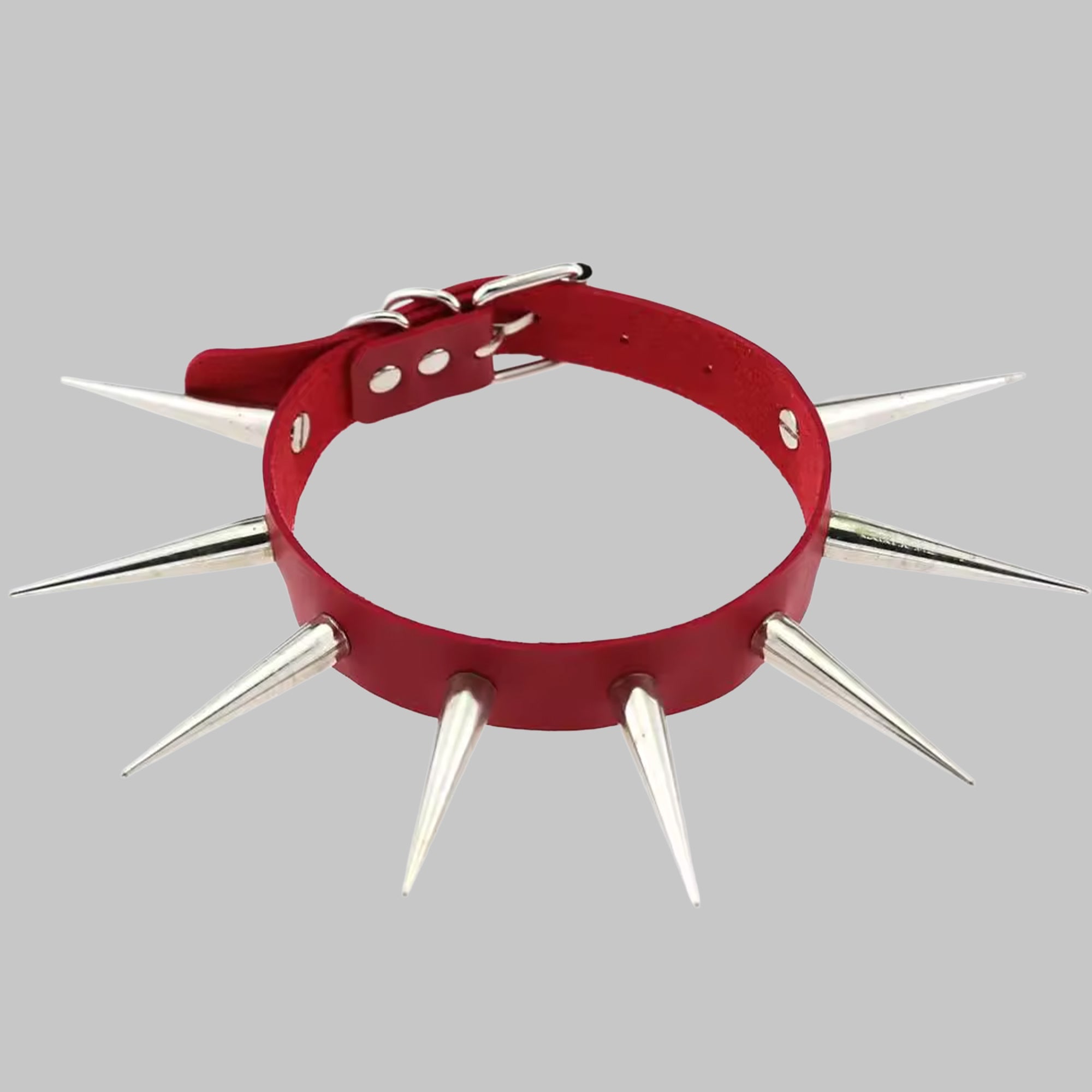 Red XL spike punk collar, silver buckle and studded hardware detail