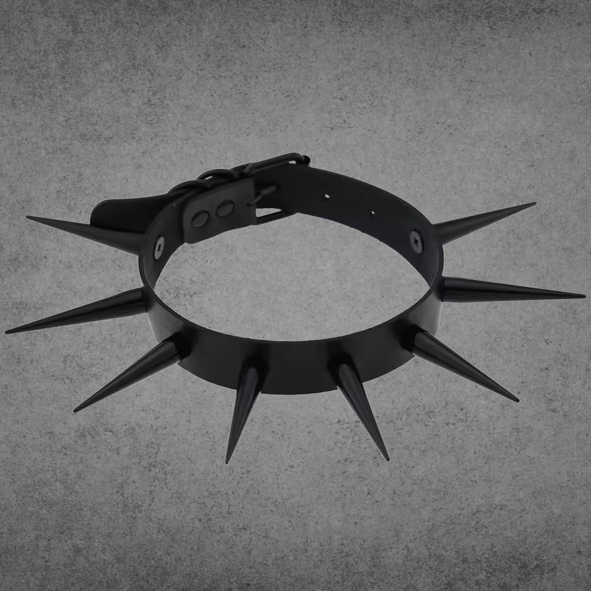 Black faux leather punk collar with XL 2 inch black spikes, blackout finish