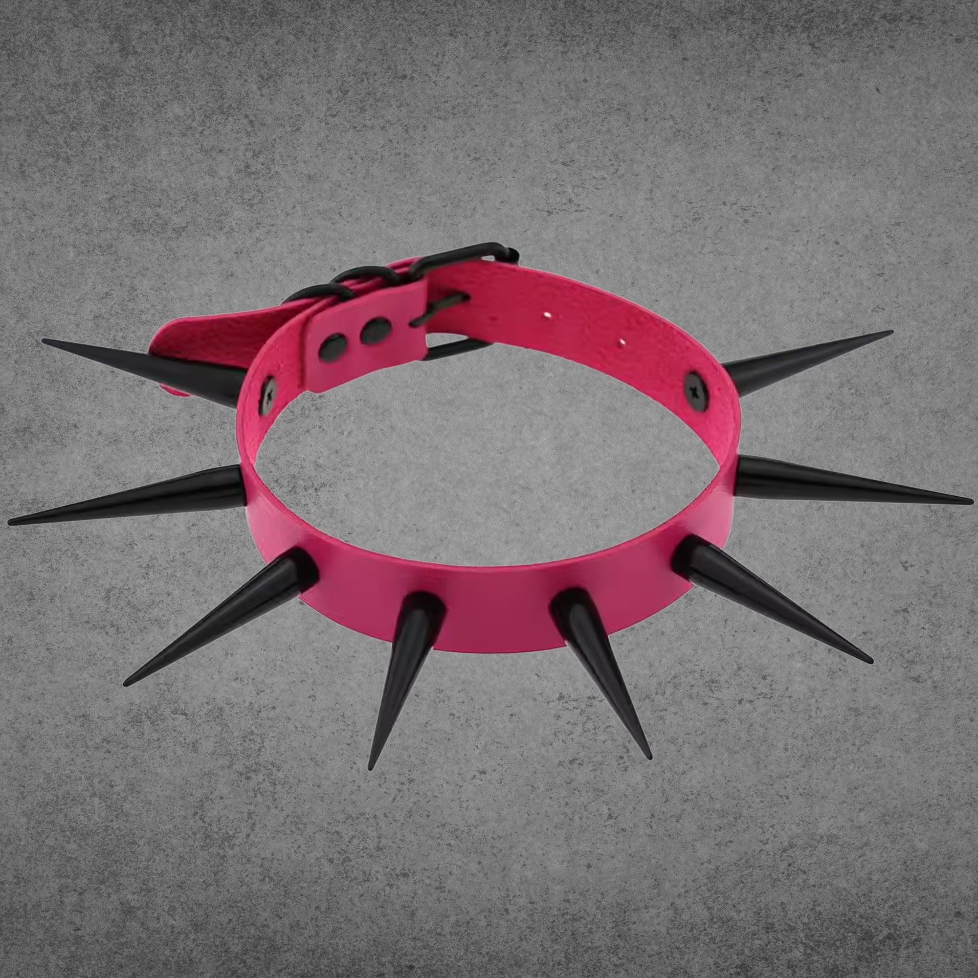 Hot pink faux leather punk collar with XL 2 inch black spikes, 1 inch band