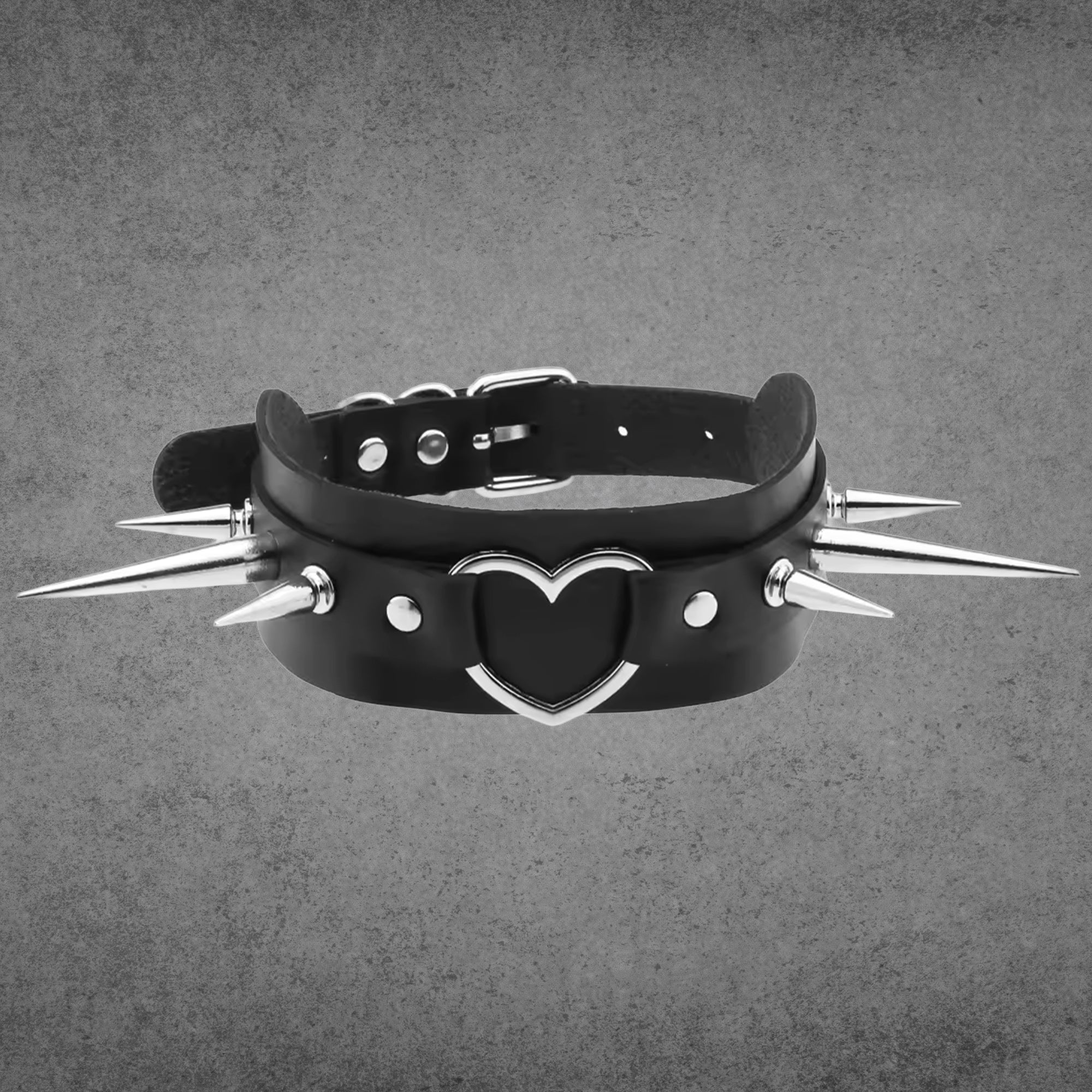 Black faux leather spiked heart collar, silver centre heart and spikes, 2 inch wide
