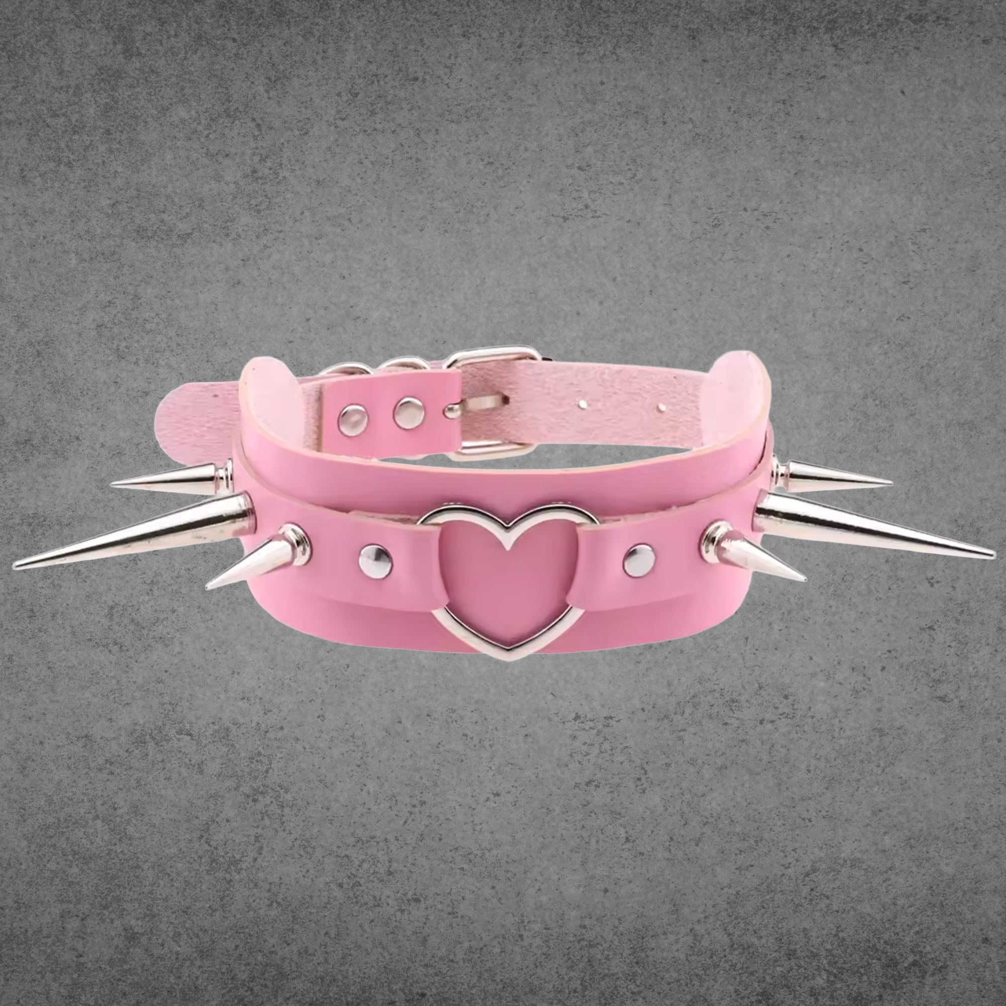 Baby pink faux leather spiked heart collar, silver heart and spikes, 2 inch wide