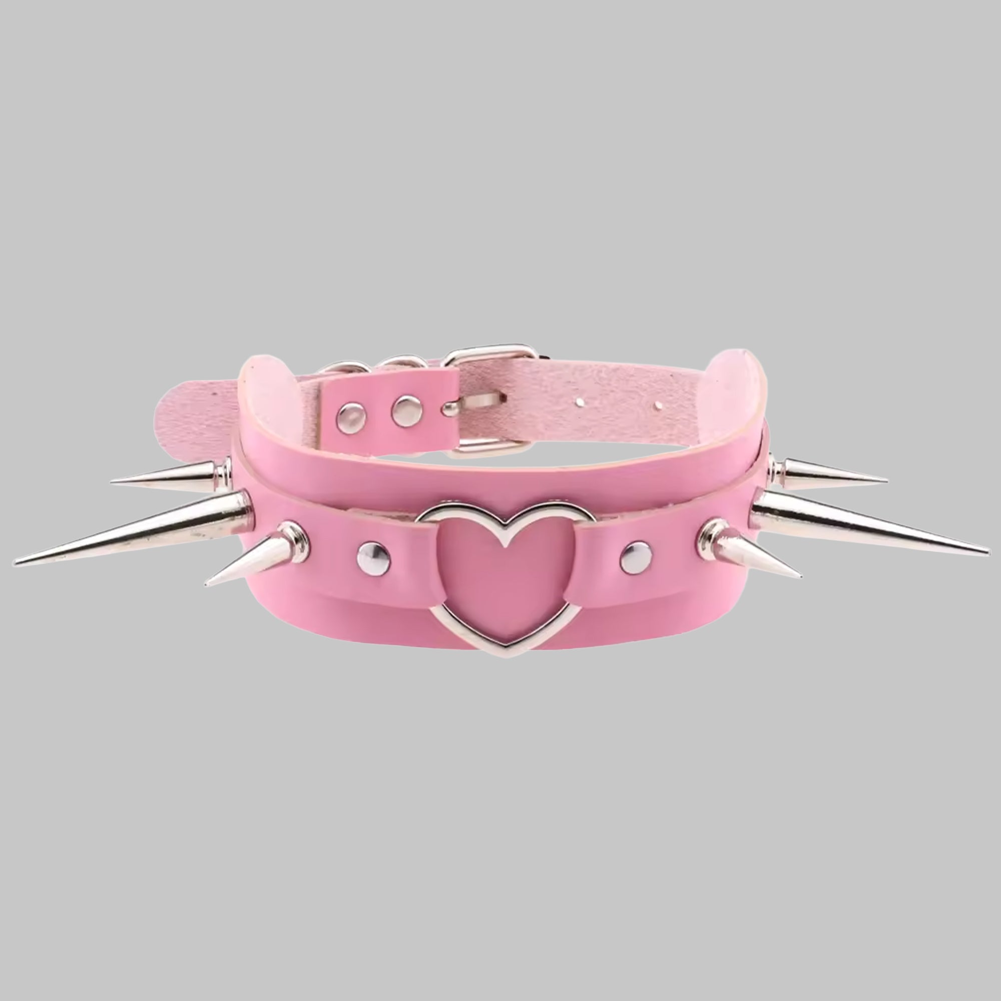 Baby pink spiked heart punk collar, silver heart with 1 and 2 inch spikes