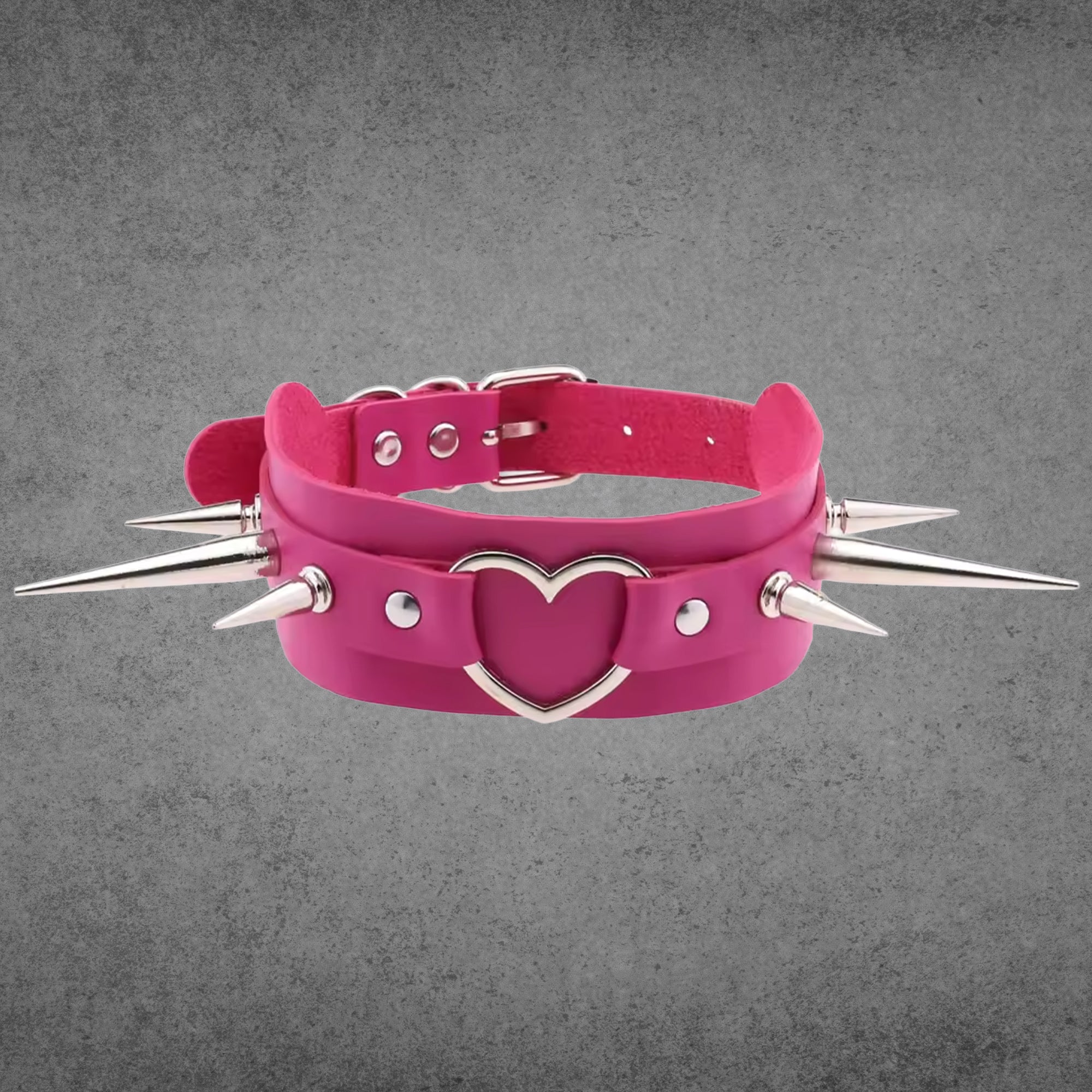Hot pink faux leather spiked heart collar, silver heart and spikes, 2 inch wide
