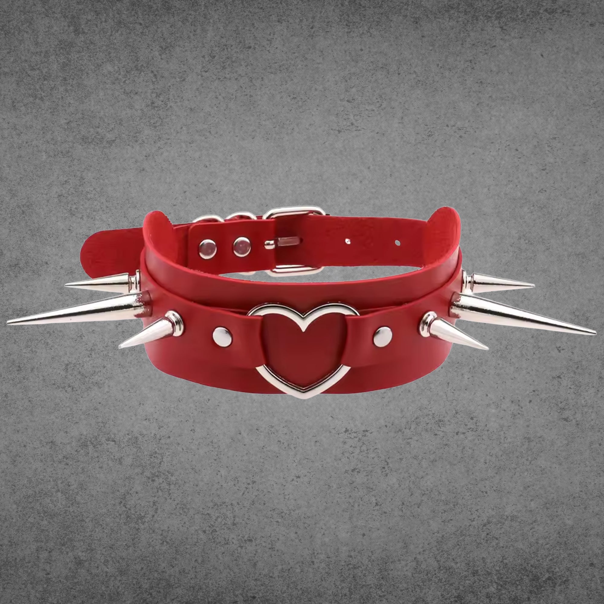 Red faux leather spiked heart collar, silver centre heart and spikes, 2 inch wide