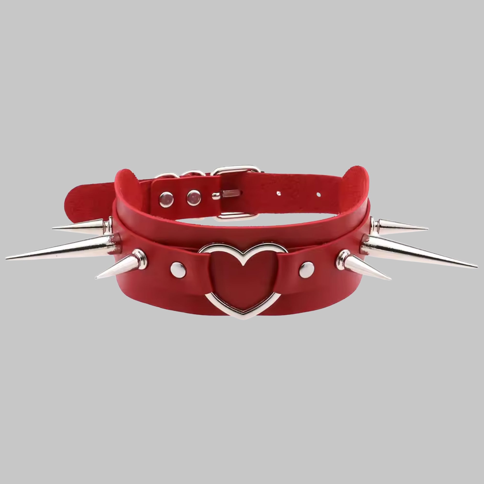 Red spiked heart punk collar, silver heart with 1 and 2 inch spikes