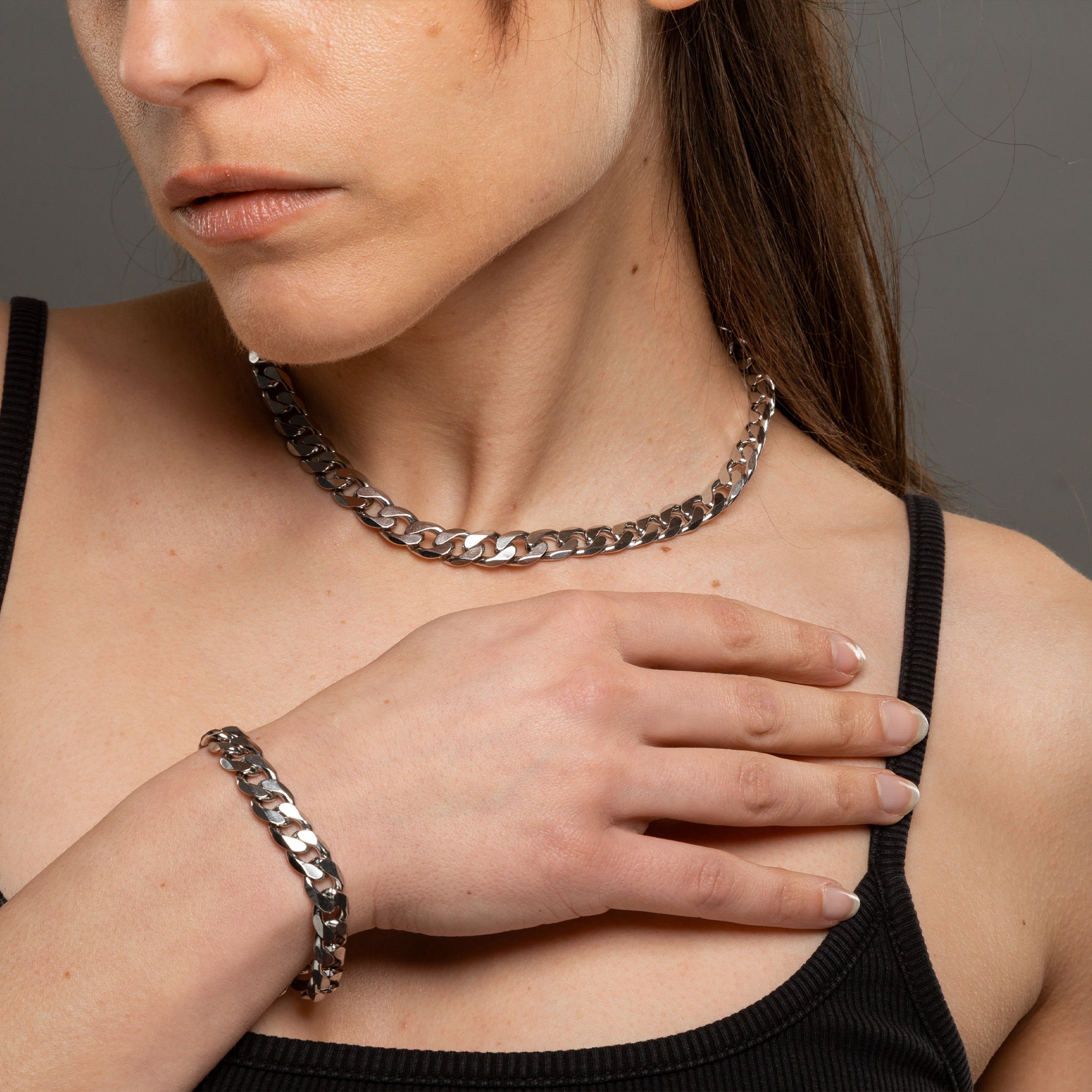 Chunky cuban link choker necklace in silver