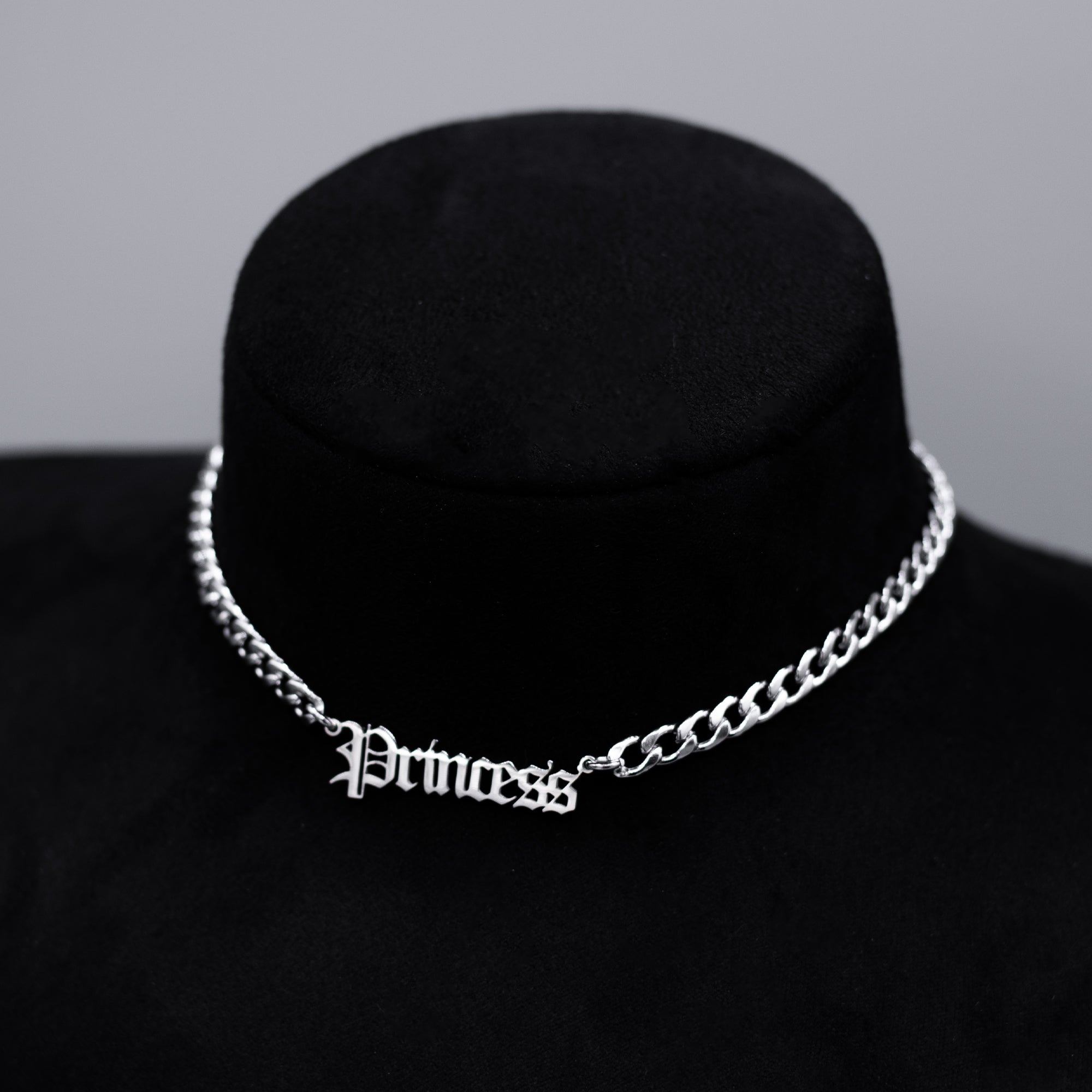 Princess Gothic Font Word Choker Necklace (Silver)