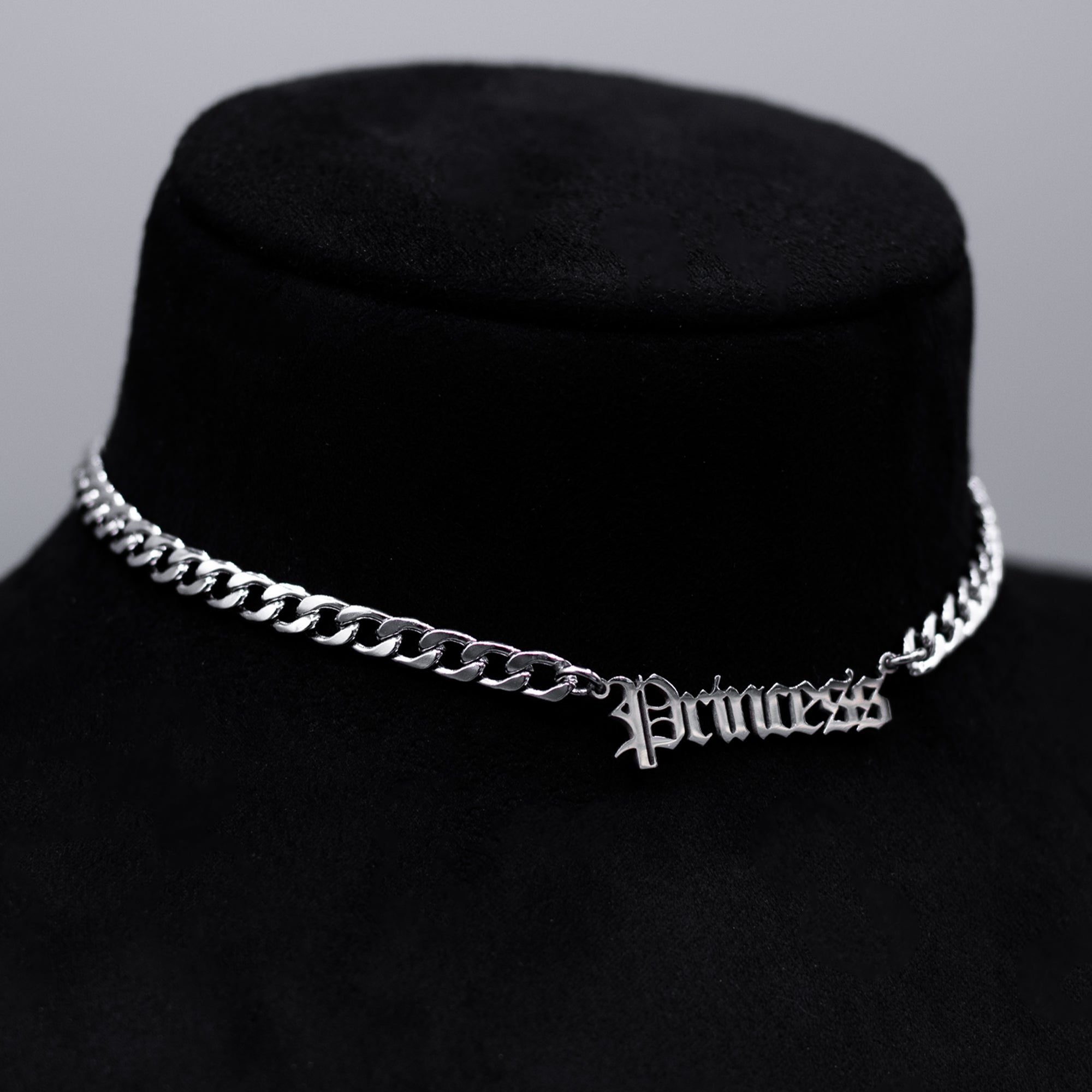 Princess Gothic Font Word Choker Necklace (Silver)