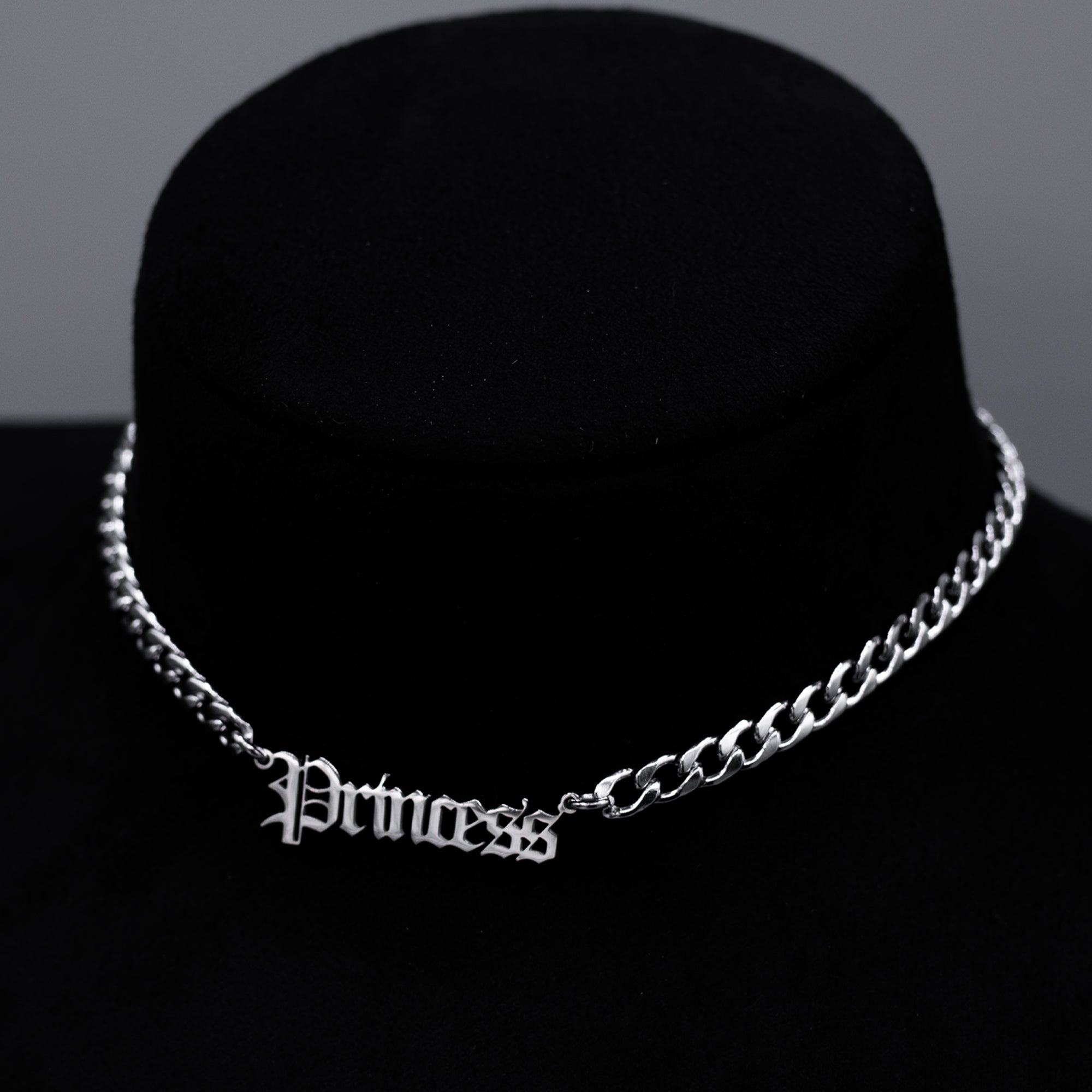 Princess Gothic Font Word Choker Necklace (Silver)