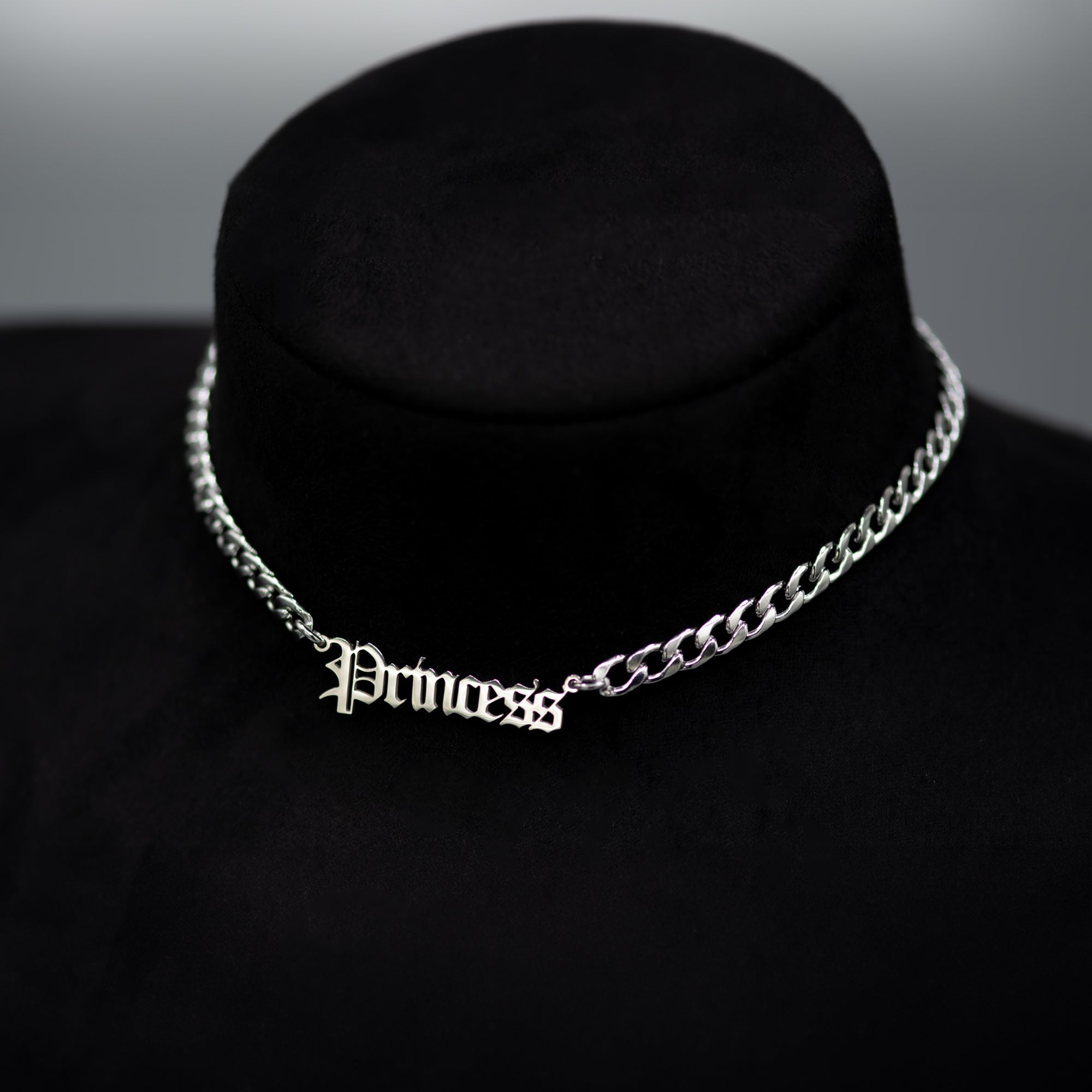 Princess Gothic Font Word Choker Necklace (Silver)