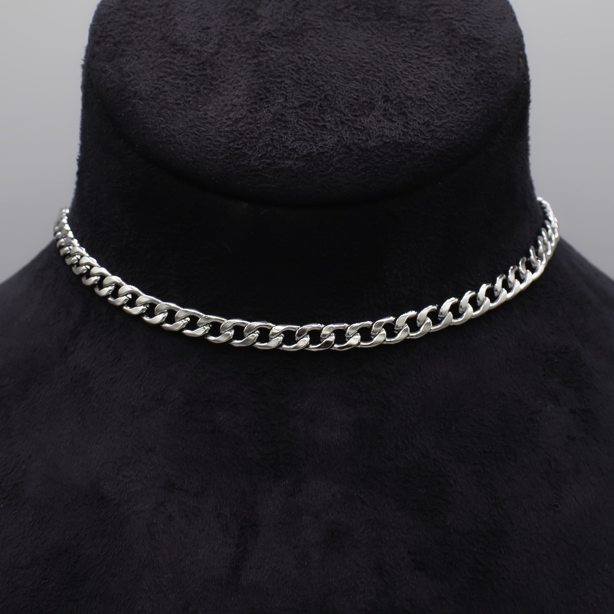 Plain Cuban Link Chain Choker Necklace - (Silver) 5mm