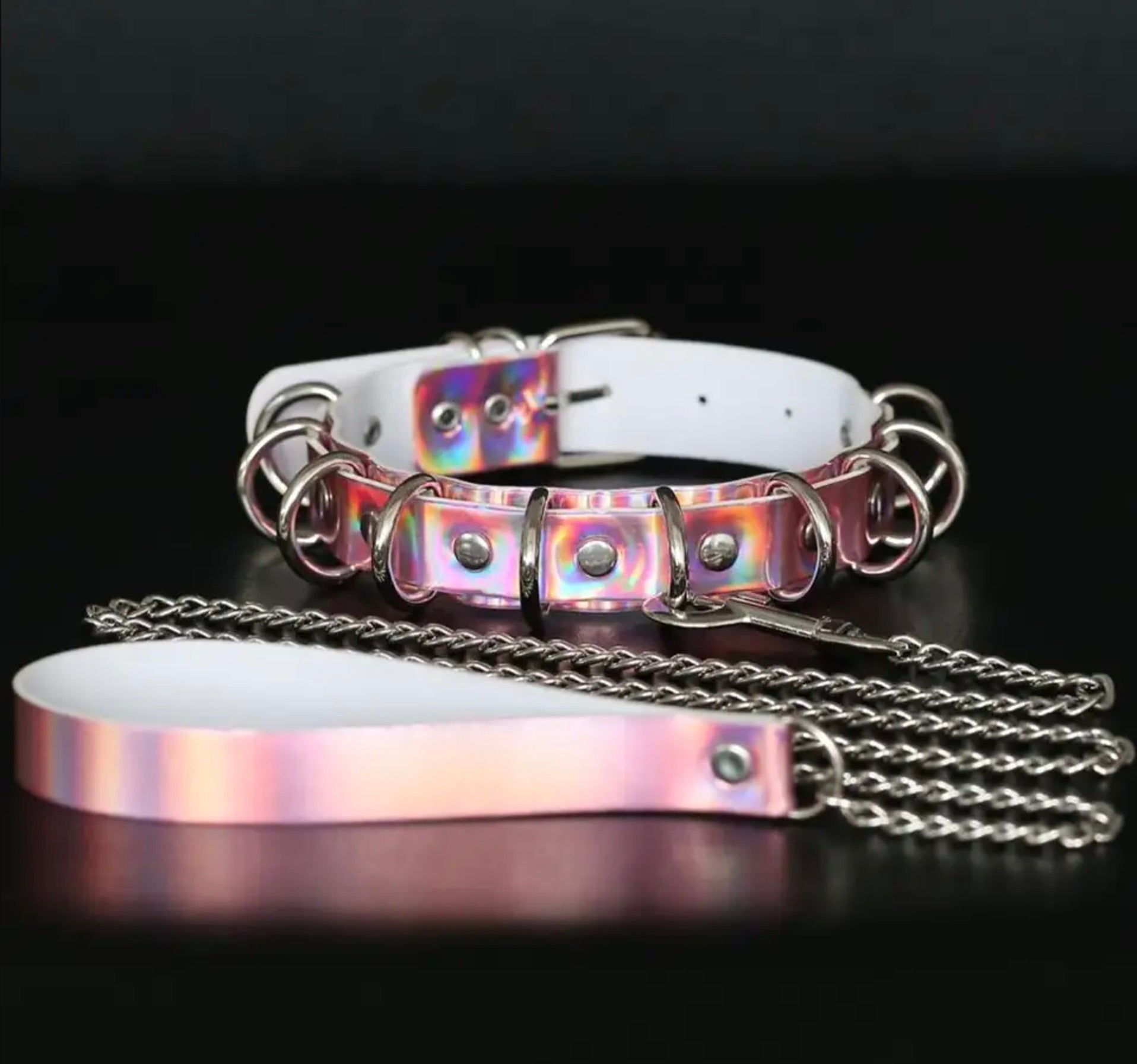 D Rings Collar & Leash Set - Pink Chrome