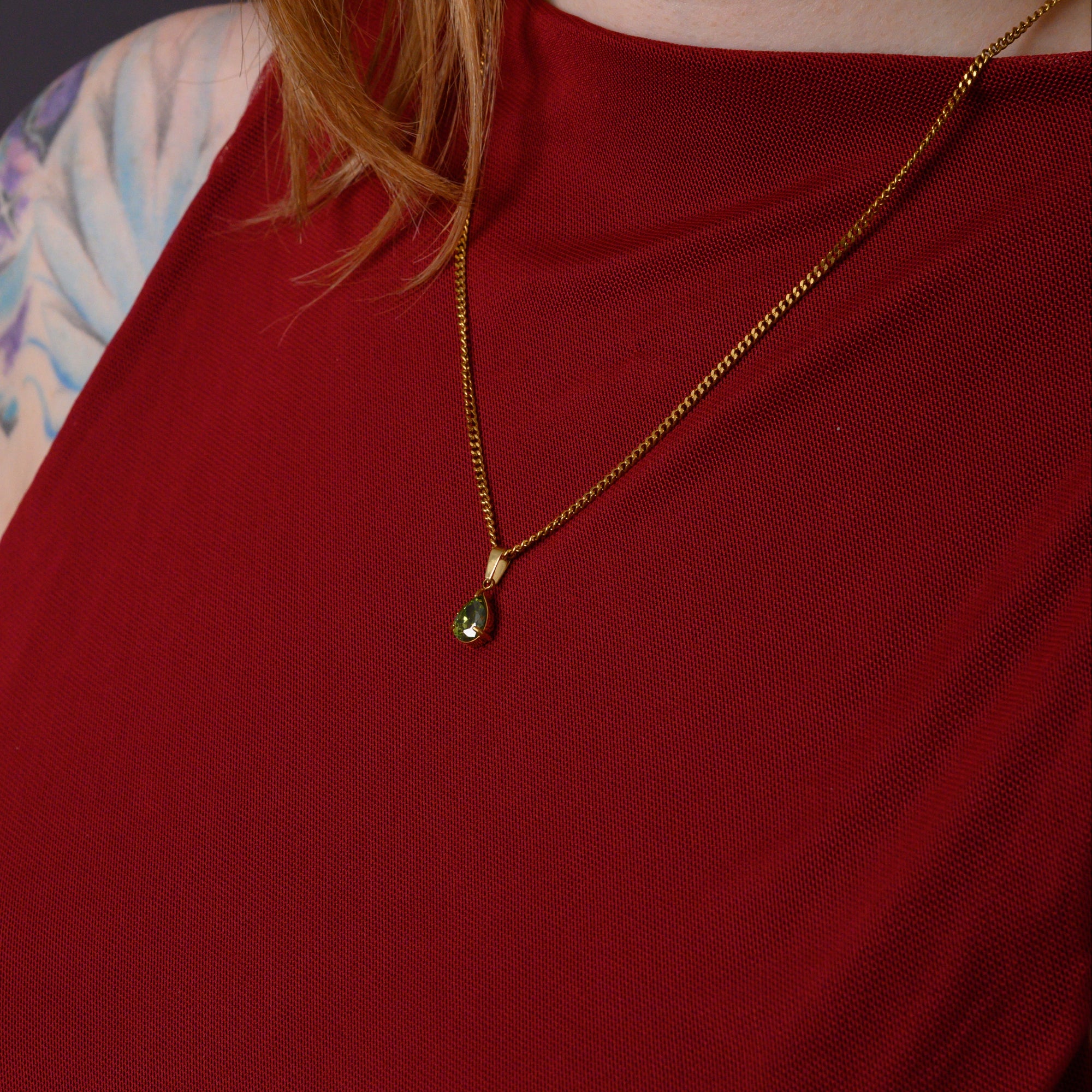 Gold Peridot Birthstone pendant necklace on dainty cuban chain
