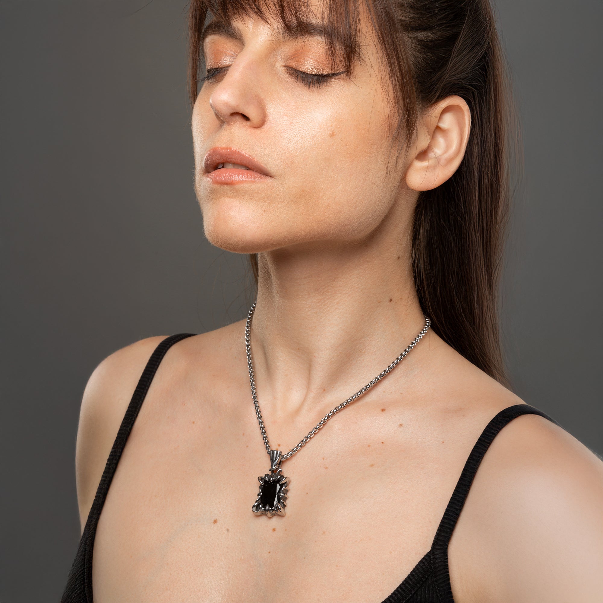 Large Onyx claw pendant on chunky silver box chain necklace, non tarnish jewellery