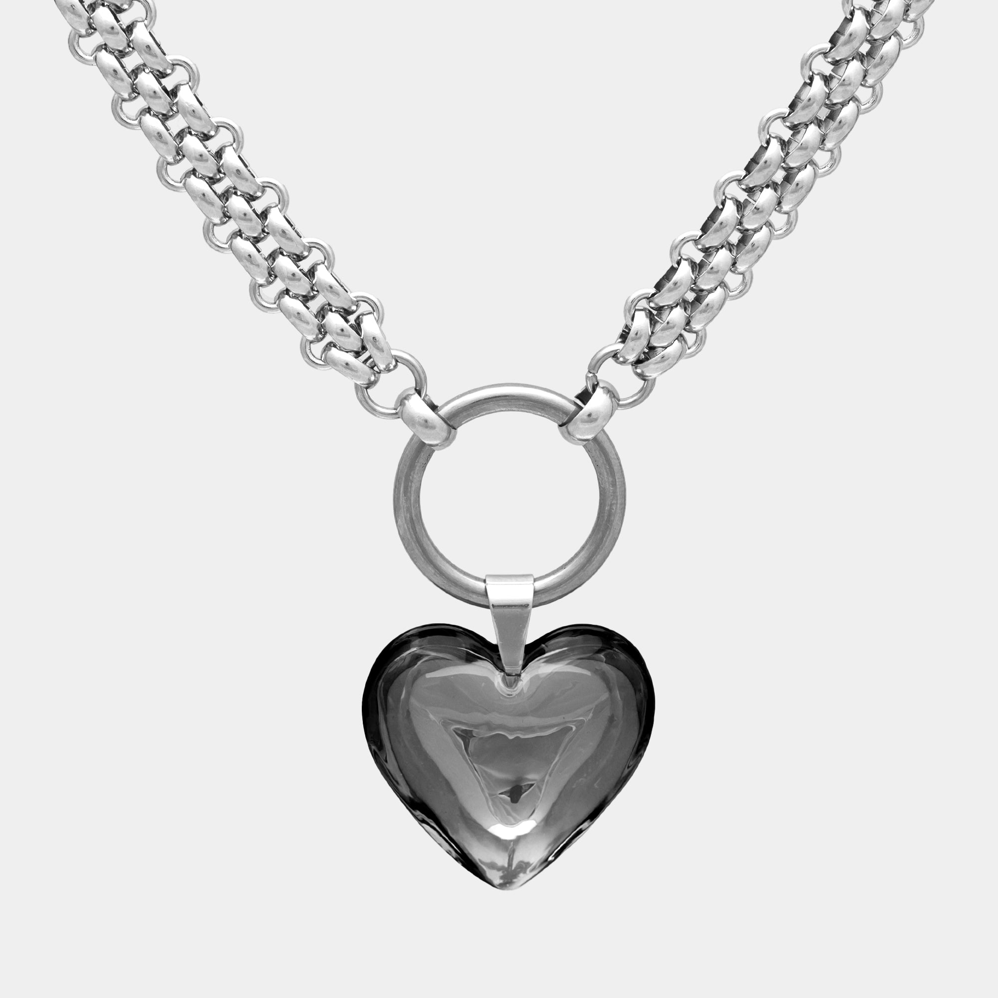 Large black heart O ring choker on chunky chainmail choker necklace in silver Non tarnish
