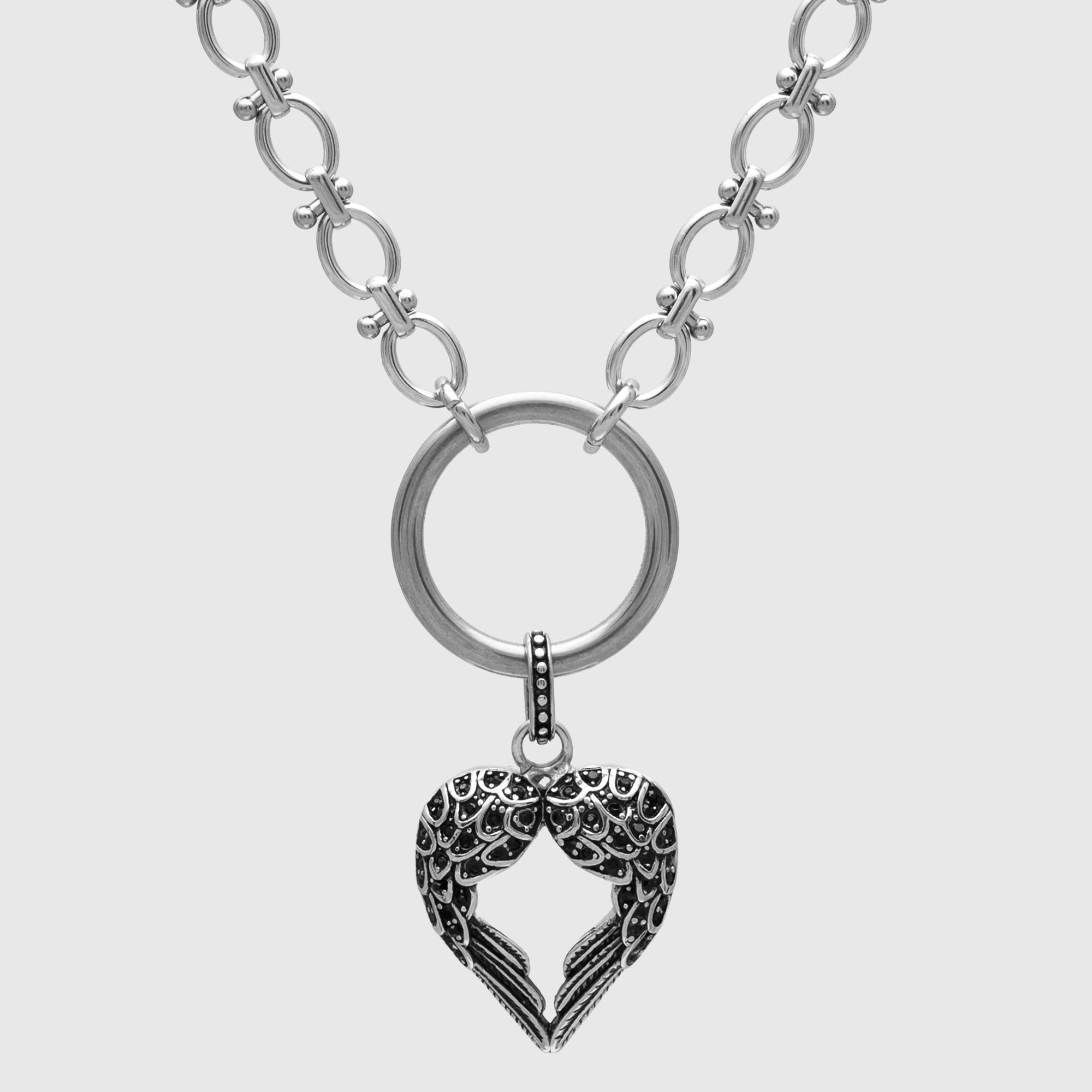 Raven wing o ring choker necklace in silver with black cubic zirconia stones