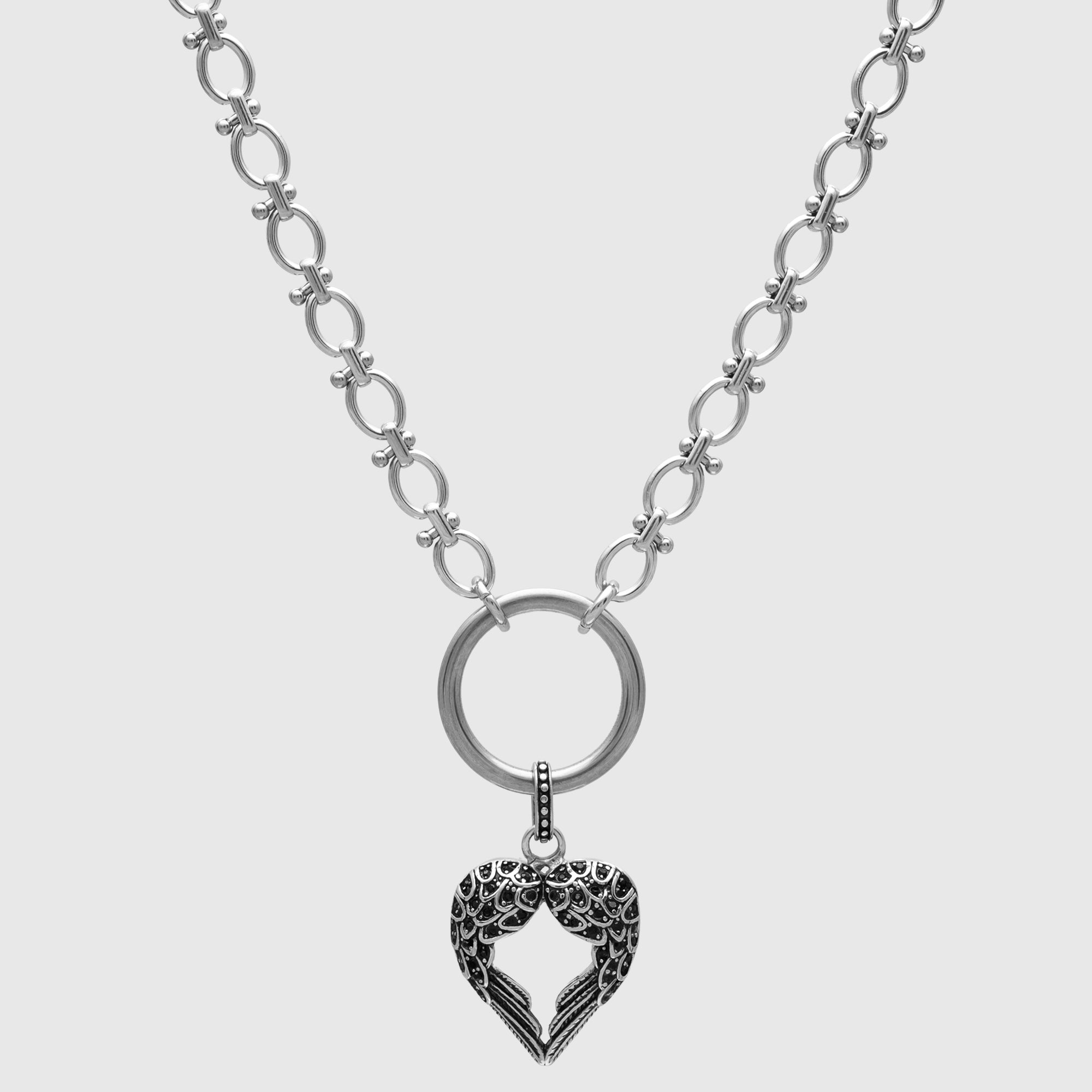 Raven wing o ring choker necklace in silver with black cubic zirconia stones